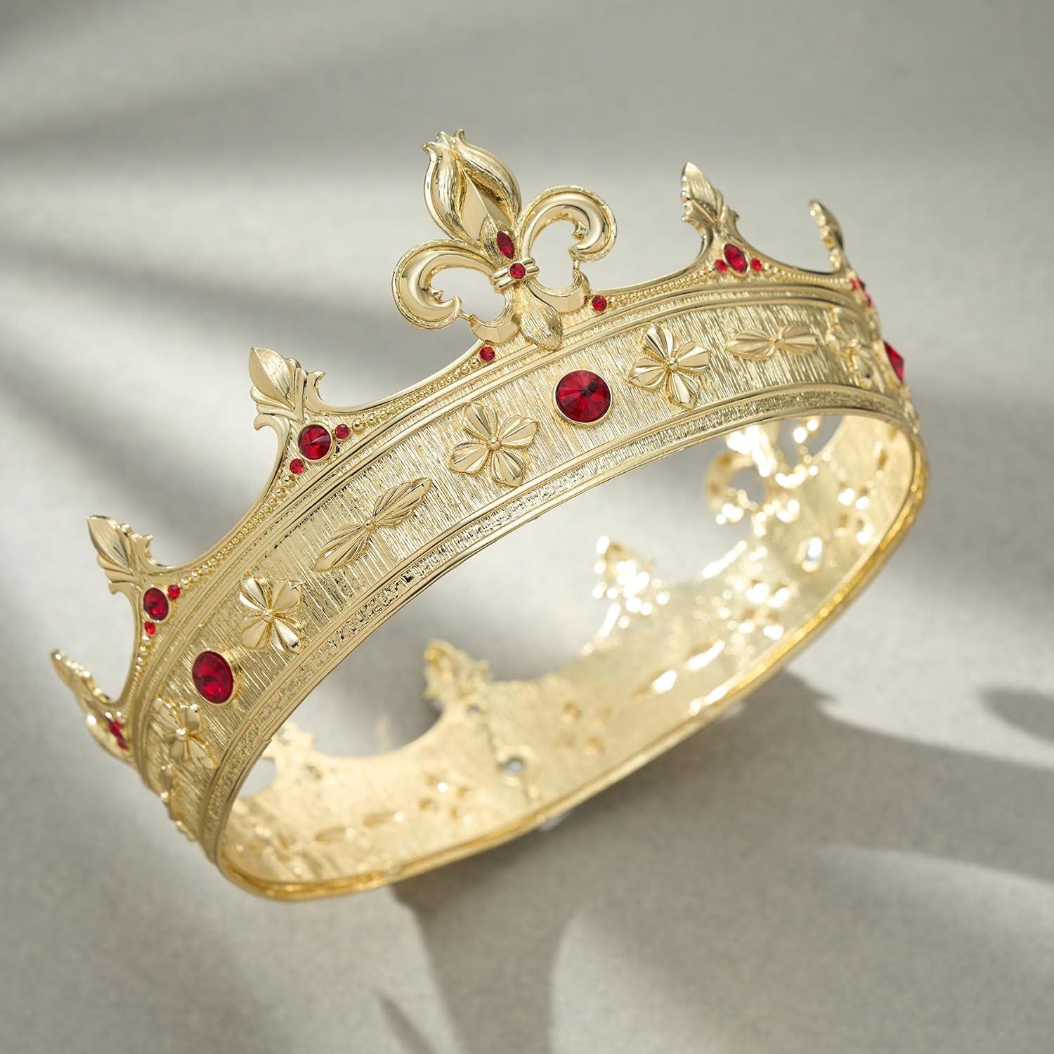 imageSWEETV Fleurdelis King Crown for Men Royal Prince Tiara Headwear for Medieval RoyalcoreKnightVikingHalloween CostumeStyle2 Goldred