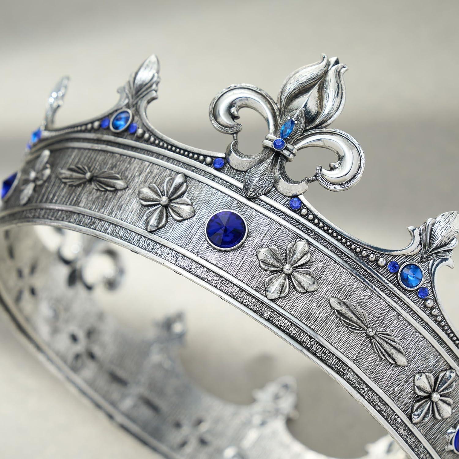 imageSWEETV Fleurdelis King Crown for Men Royal Prince Tiara Headwear for Medieval RoyalcoreKnightVikingHalloween CostumeStyle2 Silverblue