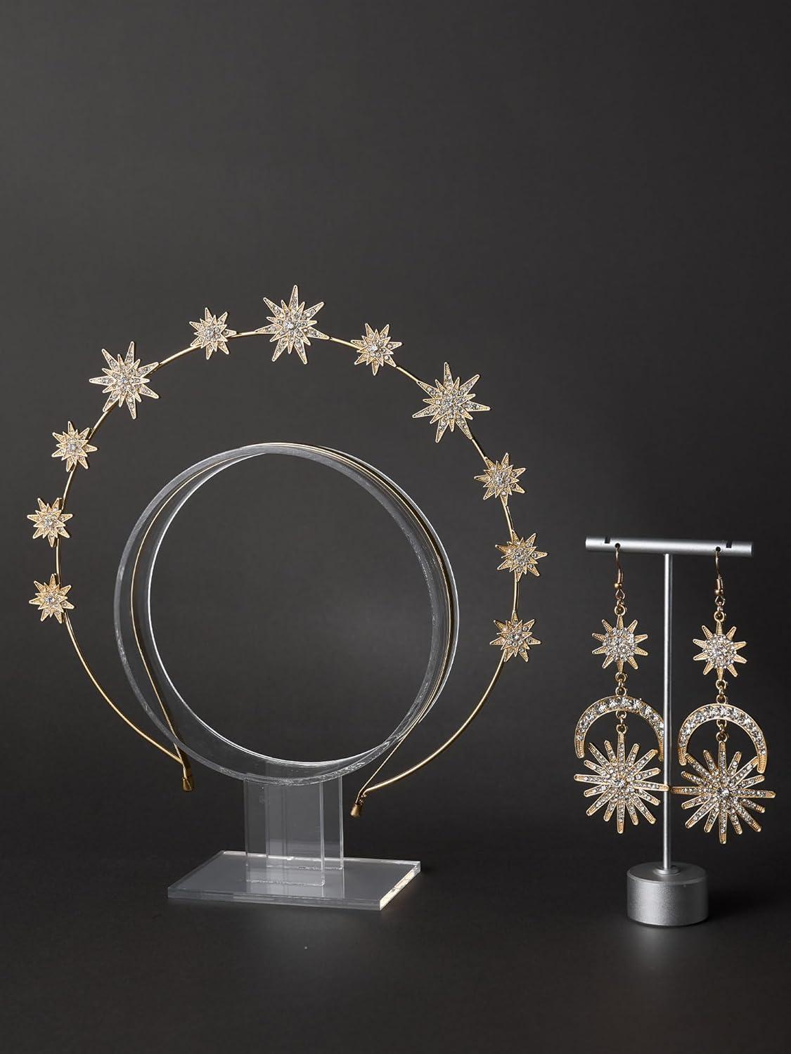 imageSWEETV Gold Halo Crowns for Women Star Tiara and Dangle Earrings Set Wedding Headband Goddess Headpiece for Cosplay Halloween Costume Photoshoot