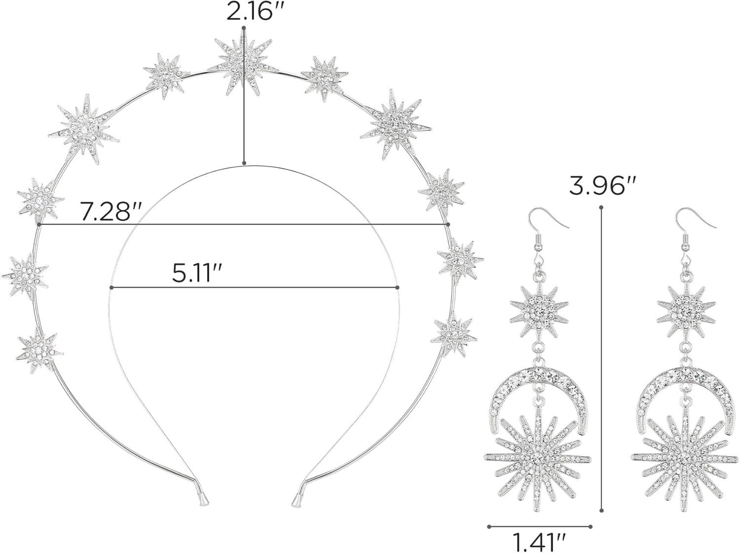 imageSWEETV Gold Halo Crowns for Women Star Tiara and Dangle Earrings Set Wedding Headband Goddess Headpiece for Cosplay Halloween Costume Photoshoot