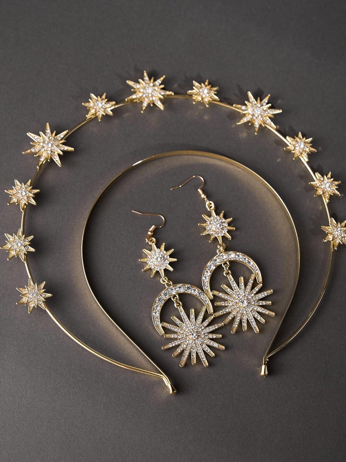 imageSWEETV Gold Halo Crowns for Women Star Tiara and Dangle Earrings Set Wedding Headband Goddess Headpiece for Cosplay Halloween Costume Photoshoot