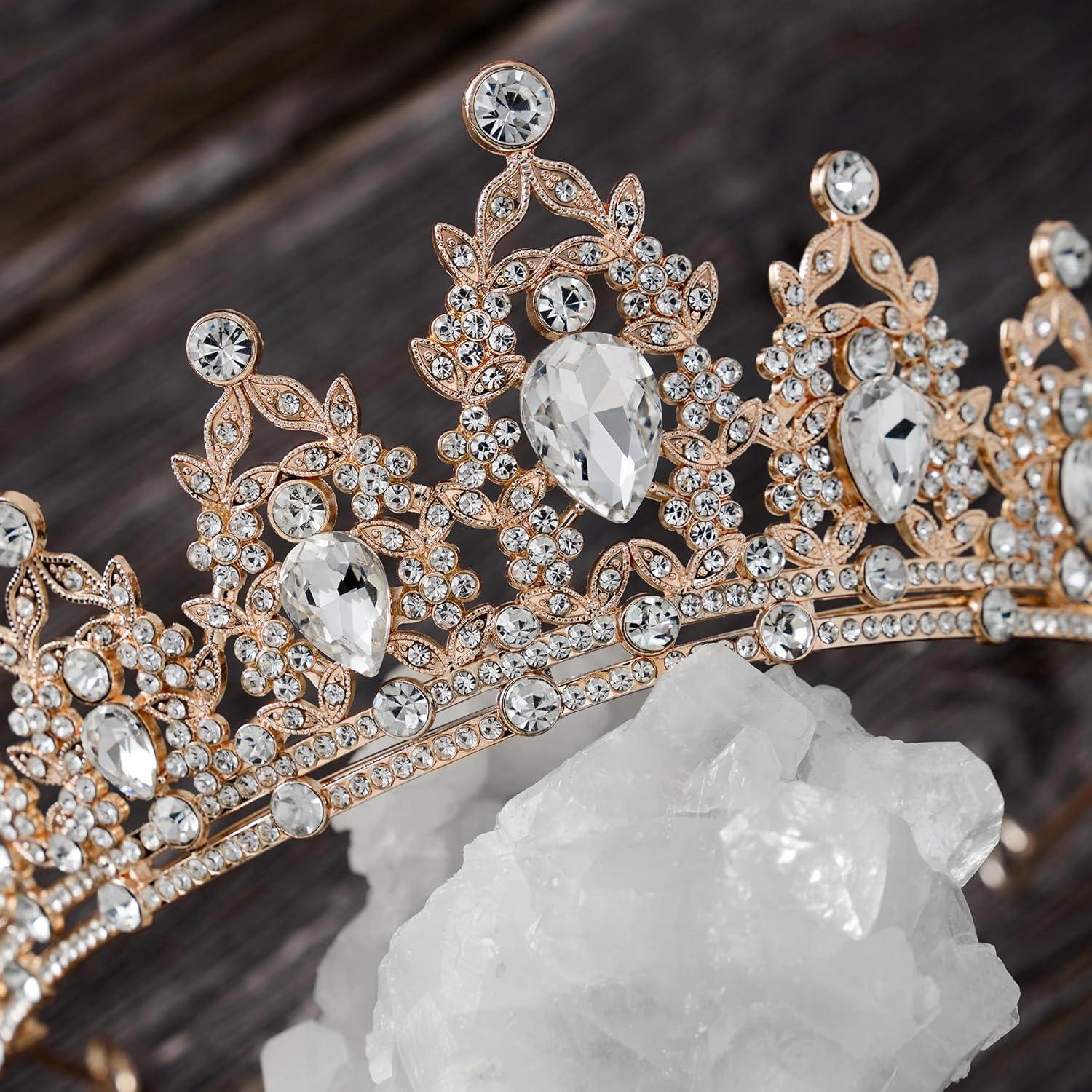imageSWEETV Jeweled Tiaras and Crowns for Women Crystal Queen Crown Silver Wedding Tiara for Bride Metal Birthday Quinceanera Pageant Prom Headpieces01 Rose Gold