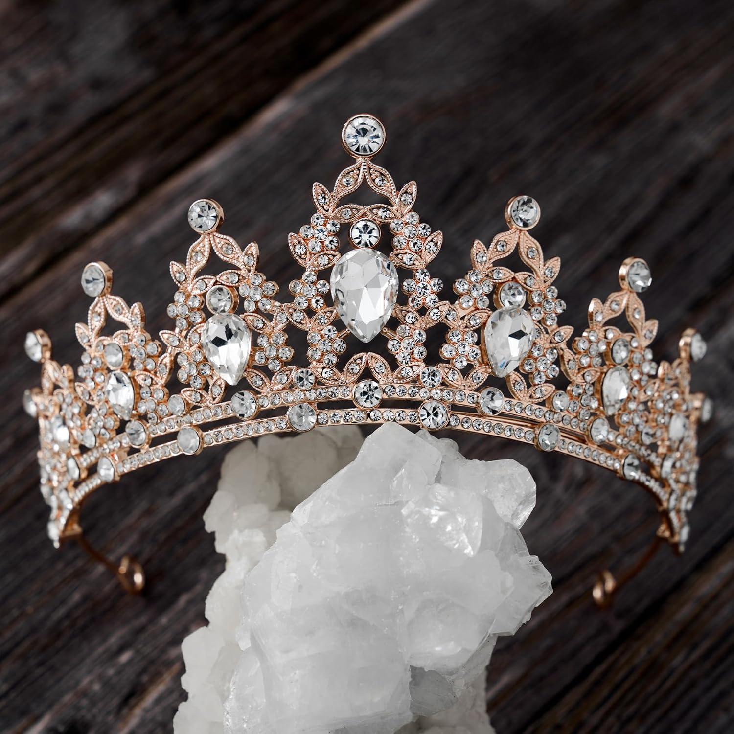 imageSWEETV Jeweled Tiaras and Crowns for Women Crystal Queen Crown Silver Wedding Tiara for Bride Metal Birthday Quinceanera Pageant Prom Headpieces01 Rose Gold