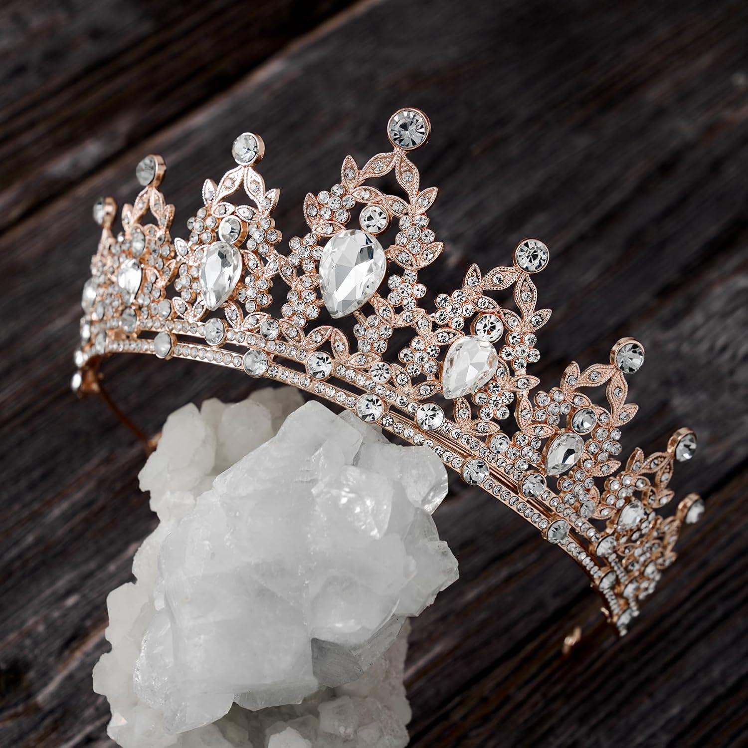 imageSWEETV Jeweled Tiaras and Crowns for Women Crystal Queen Crown Silver Wedding Tiara for Bride Metal Birthday Quinceanera Pageant Prom Headpieces01 Rose Gold