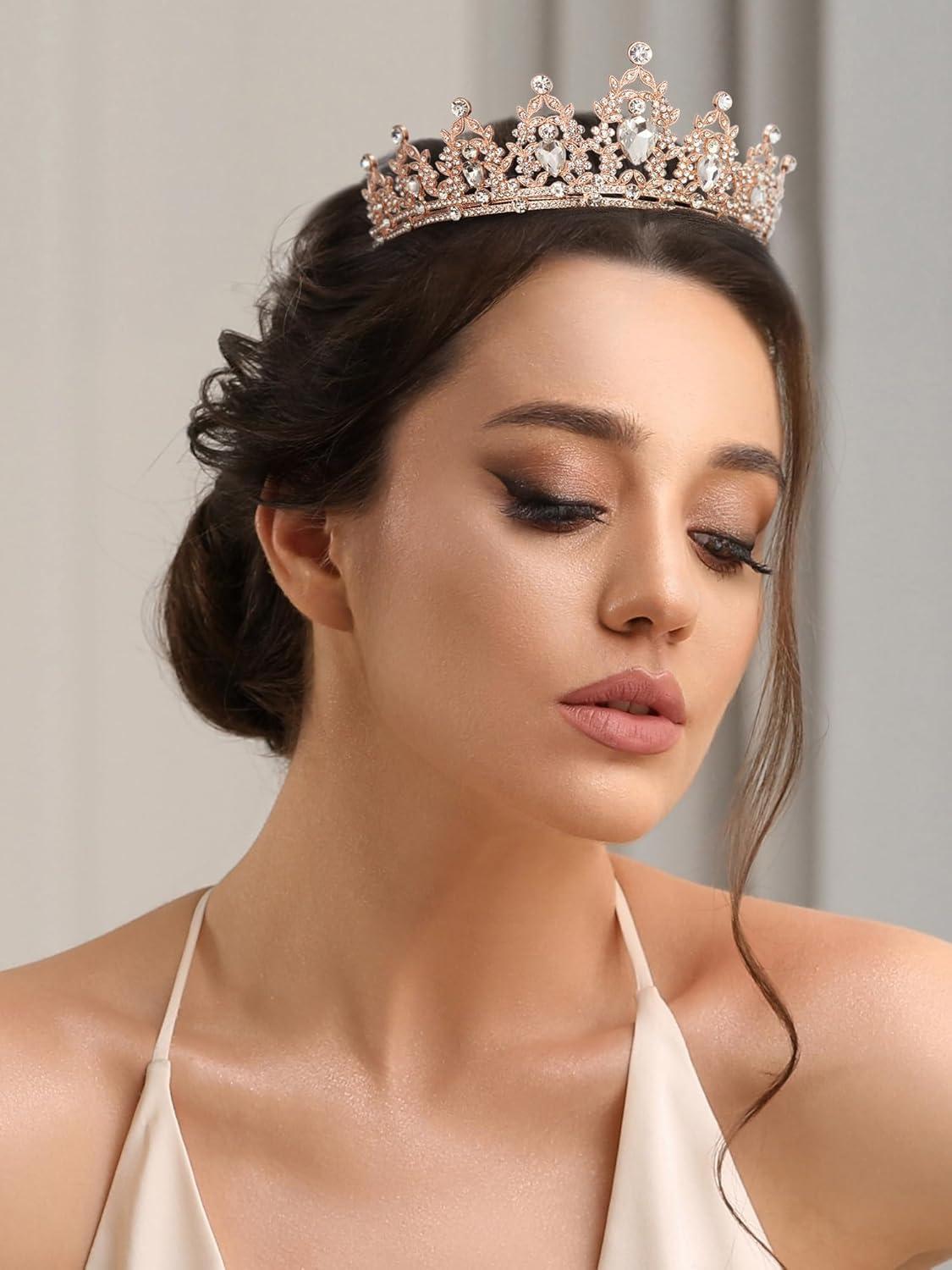 imageSWEETV Jeweled Tiaras and Crowns for Women Crystal Queen Crown Silver Wedding Tiara for Bride Metal Birthday Quinceanera Pageant Prom Headpieces01 Rose Gold