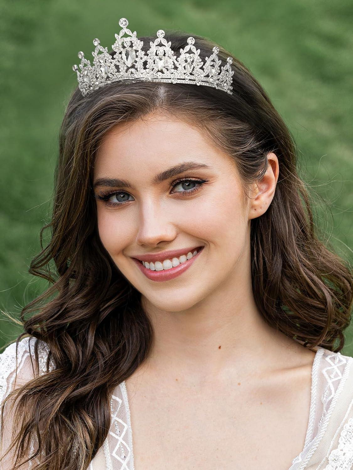 imageSWEETV Jeweled Tiaras and Crowns for Women Crystal Queen Crown Silver Wedding Tiara for Bride Metal Birthday Quinceanera Pageant Prom Headpieces01 Silver