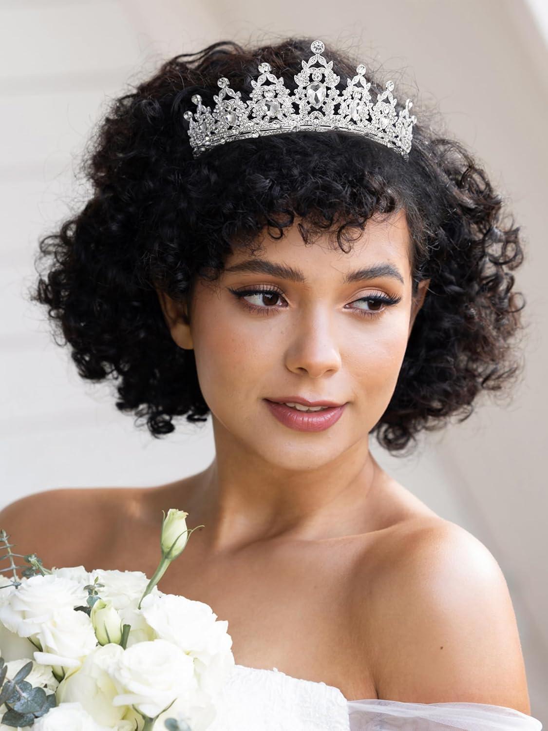 imageSWEETV Jeweled Tiaras and Crowns for Women Crystal Queen Crown Silver Wedding Tiara for Bride Metal Birthday Quinceanera Pageant Prom Headpieces01 Silver