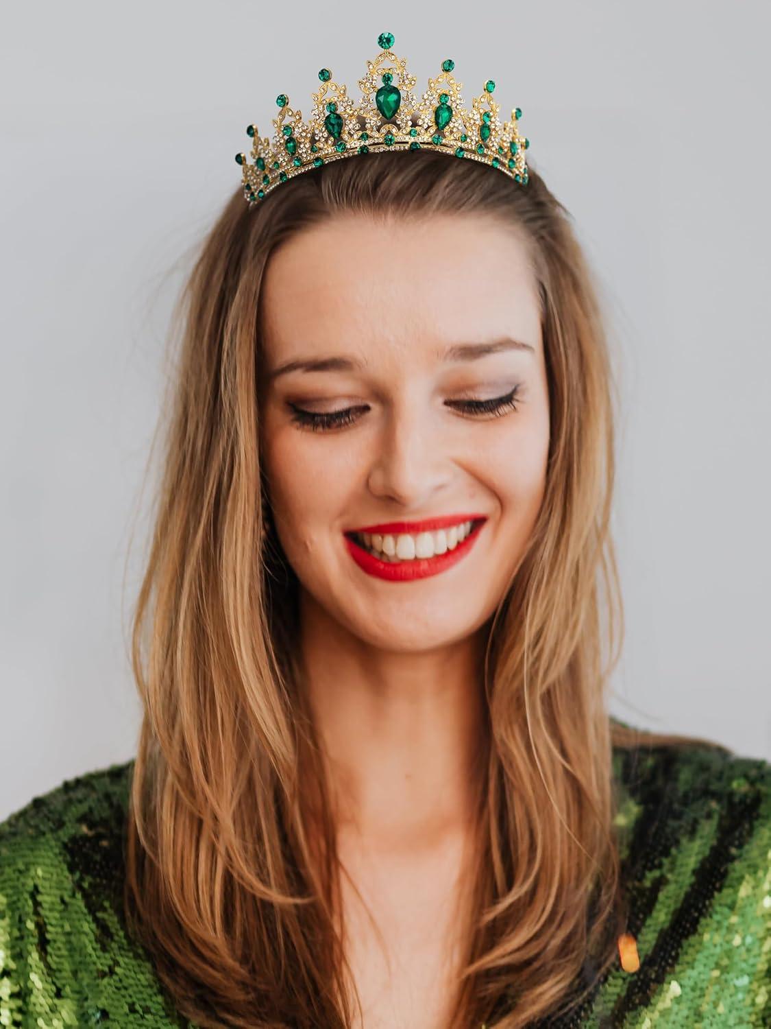 imageSWEETV Jeweled Tiaras and Crowns for Women Crystal Queen Crown Silver Wedding Tiara for Bride Metal Birthday Quinceanera Pageant Prom HeadpiecesGoldEmerald Green