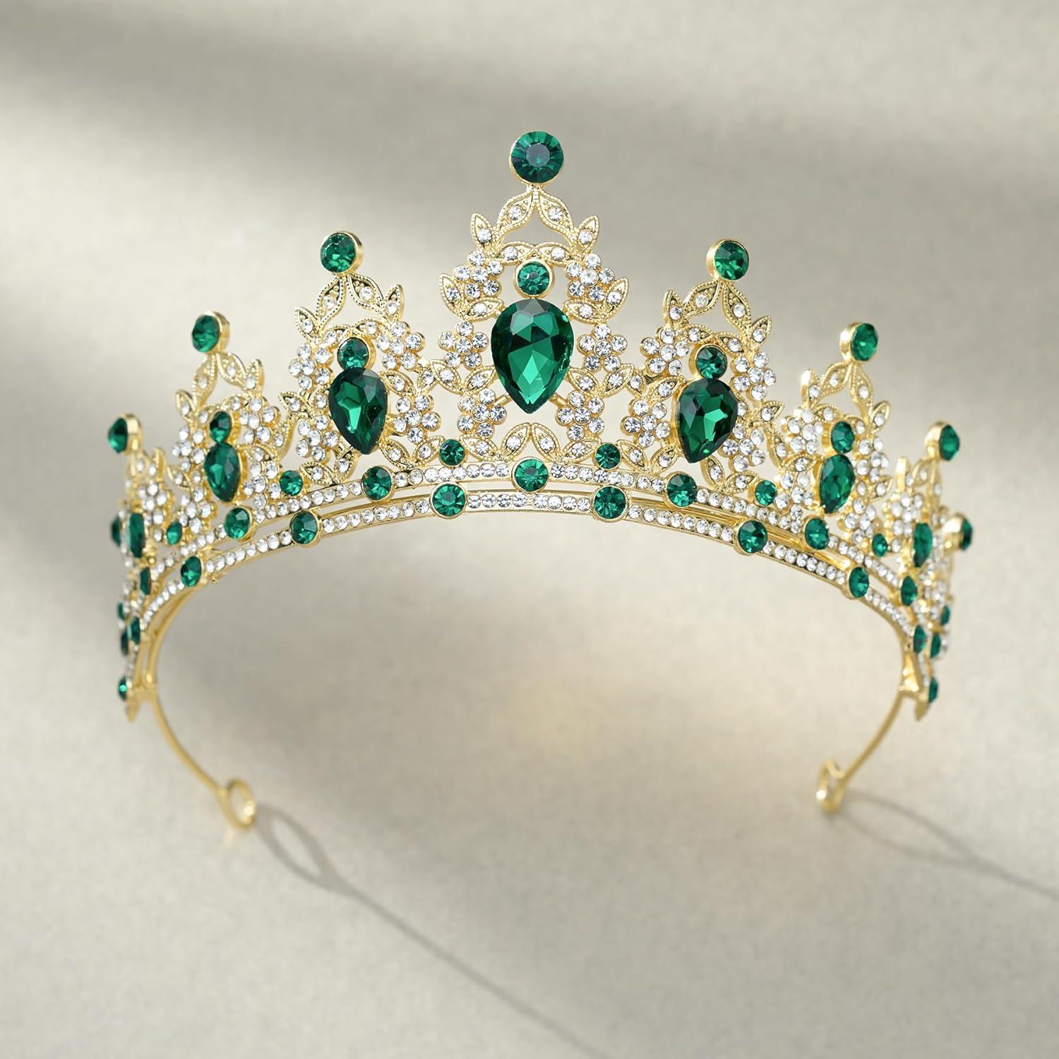 imageSWEETV Jeweled Tiaras and Crowns for Women Crystal Queen Crown Silver Wedding Tiara for Bride Metal Birthday Quinceanera Pageant Prom HeadpiecesGoldEmerald Green