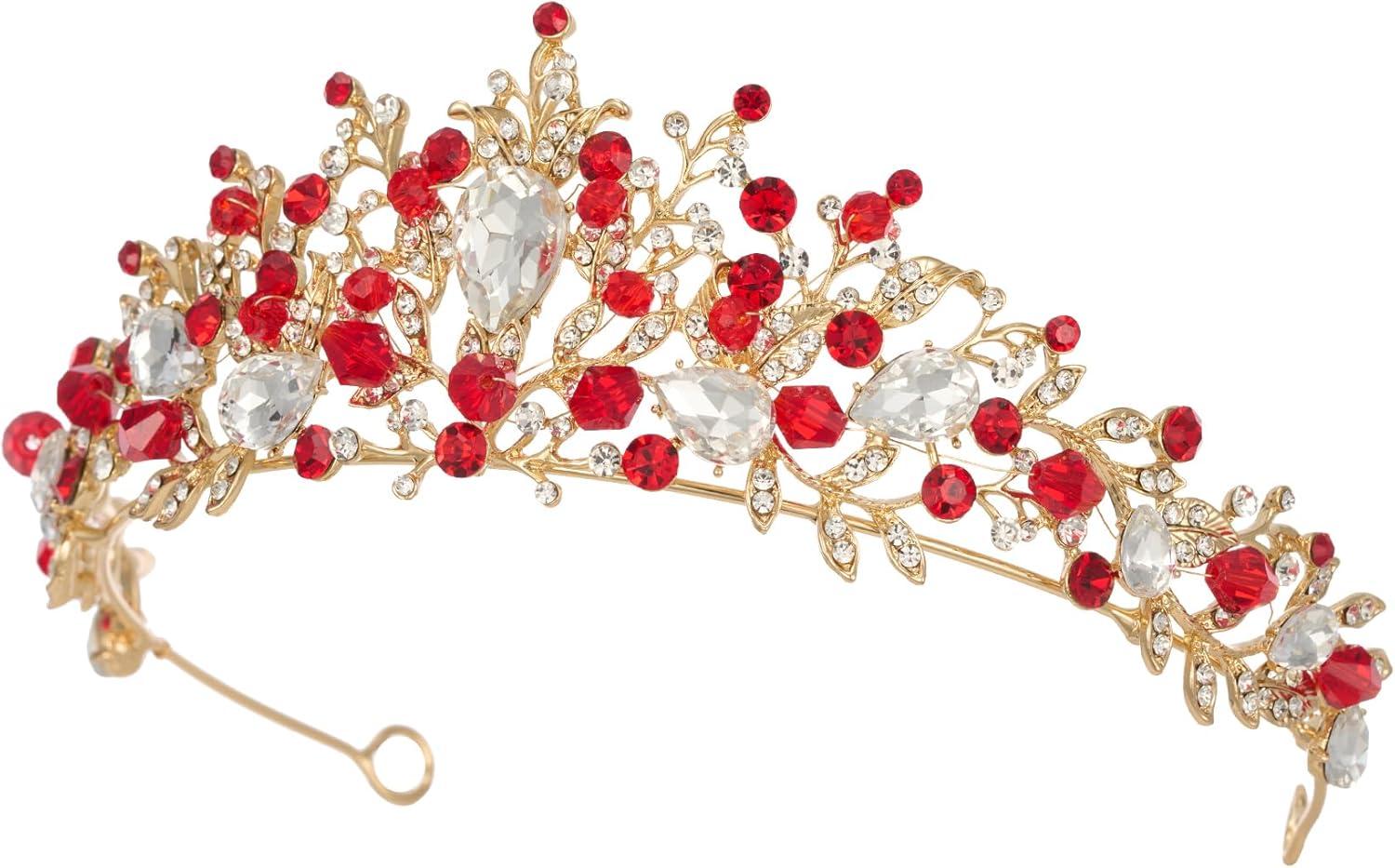 imageSWEETV Jeweled Wedding Tiaras and Crowns for Women Metal Princess Tiara Queen Crown for Bride Bridal Headpieces for Birthday Quinceanera Pageant PromGoldRed