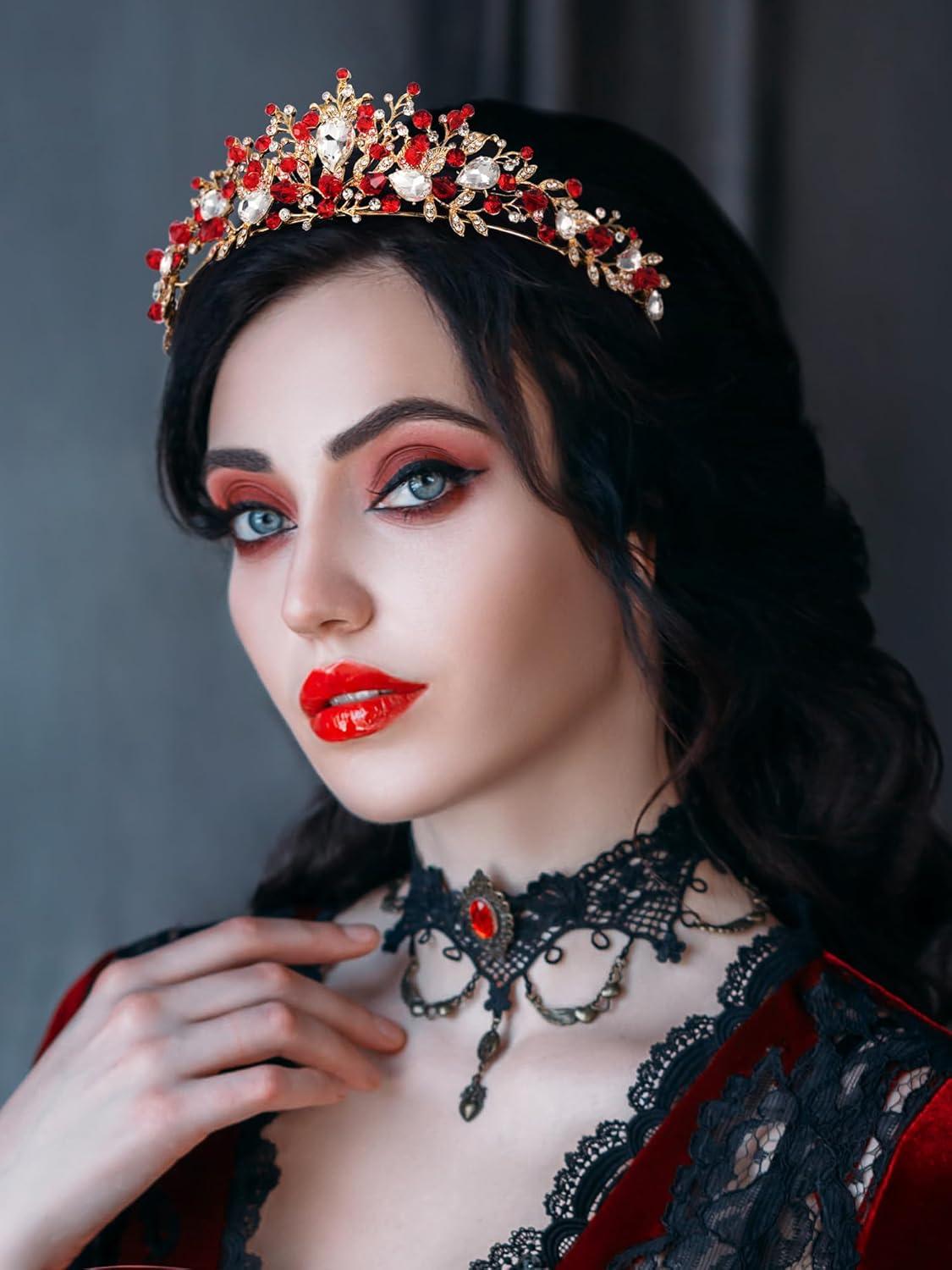 imageSWEETV Jeweled Wedding Tiaras and Crowns for Women Metal Princess Tiara Queen Crown for Bride Bridal Headpieces for Birthday Quinceanera Pageant PromGoldRed