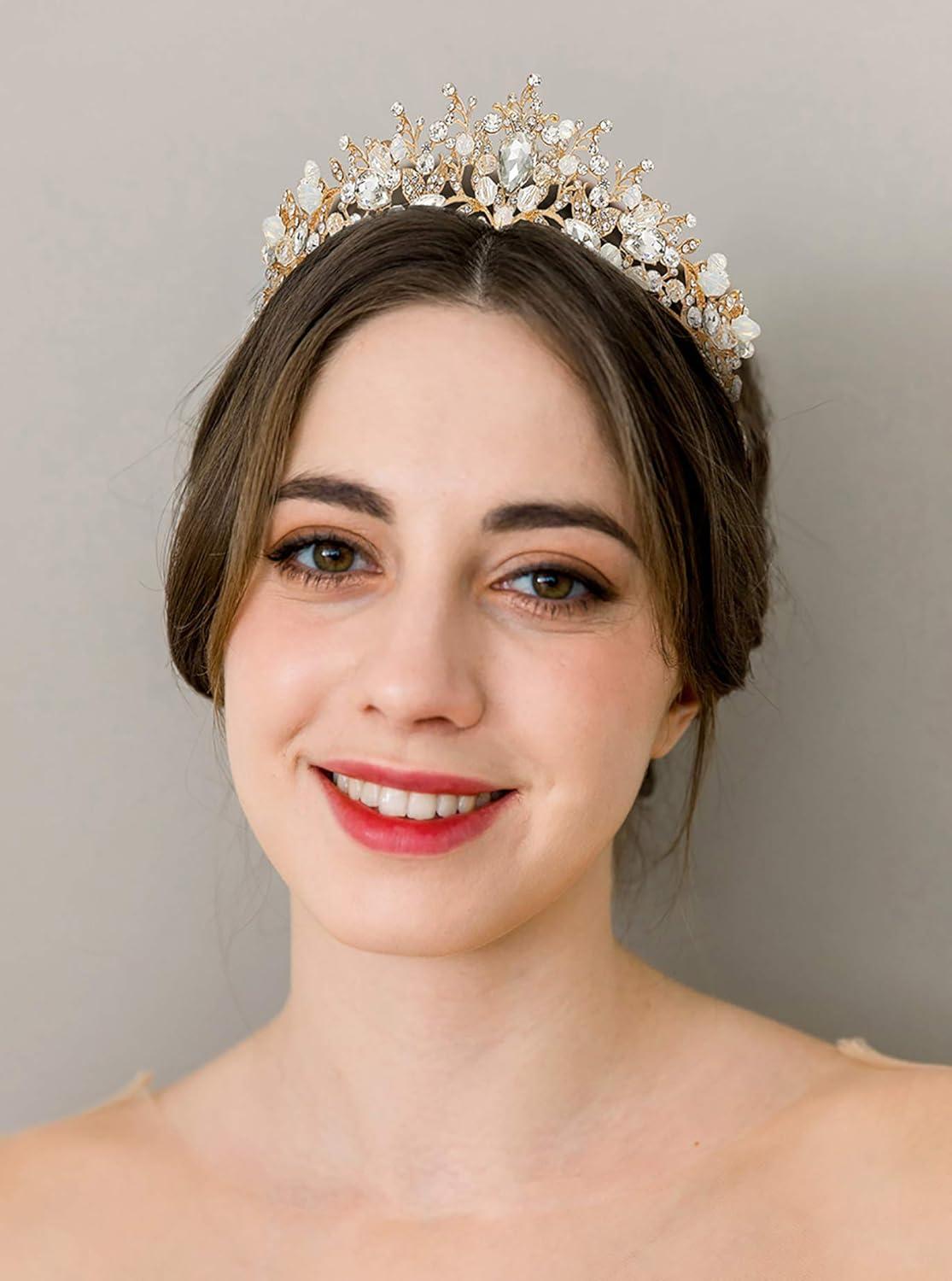 imageSWEETV Jeweled Wedding Tiaras and Crowns for Women Metal Princess Tiara Queen Crown for Bride Bridal Headpieces for Birthday Quinceanera Pageant PromGoldClear