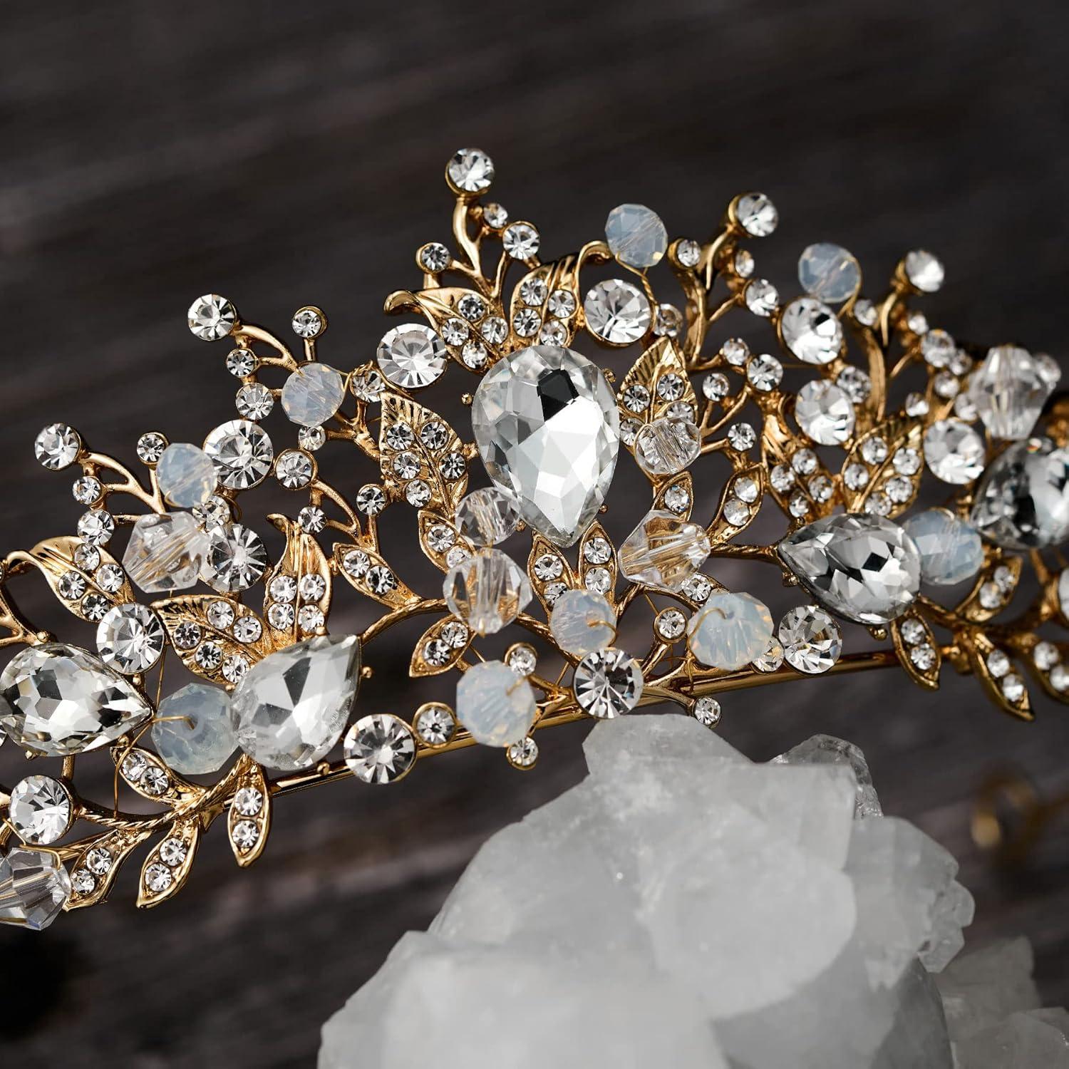 imageSWEETV Jeweled Wedding Tiaras and Crowns for Women Metal Princess Tiara Queen Crown for Bride Bridal Headpieces for Birthday Quinceanera Pageant PromGoldClear