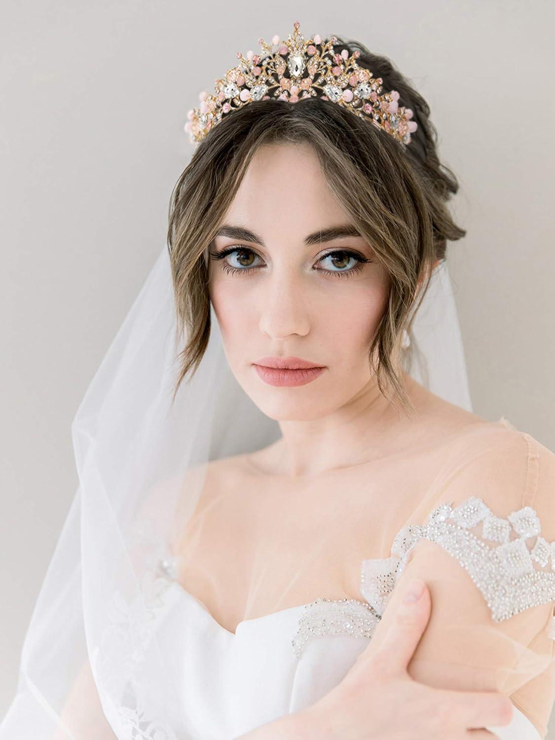 imageSWEETV Jeweled Wedding Tiaras and Crowns for Women Metal Princess Tiara Queen Crown for Bride Bridal Headpieces for Birthday Quinceanera Pageant PromGoldPink