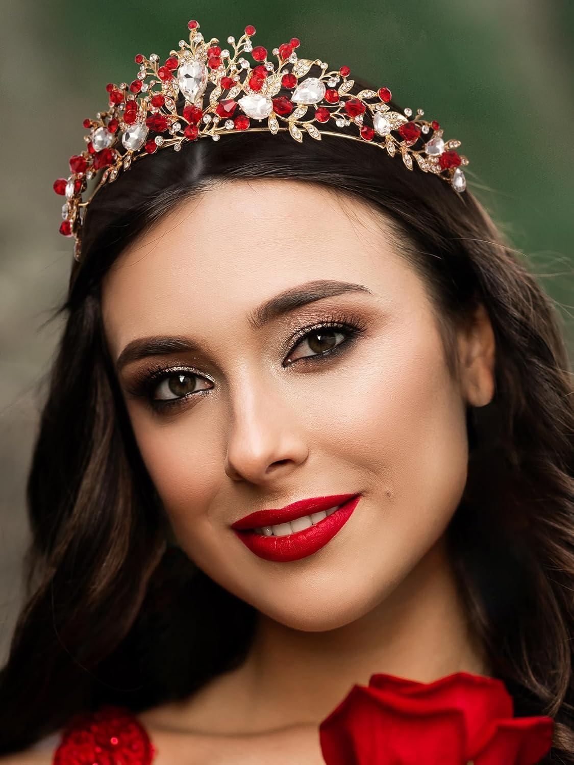 imageSWEETV Jeweled Wedding Tiaras and Crowns for Women Metal Princess Tiara Queen Crown for Bride Bridal Headpieces for Birthday Quinceanera Pageant PromGoldRed