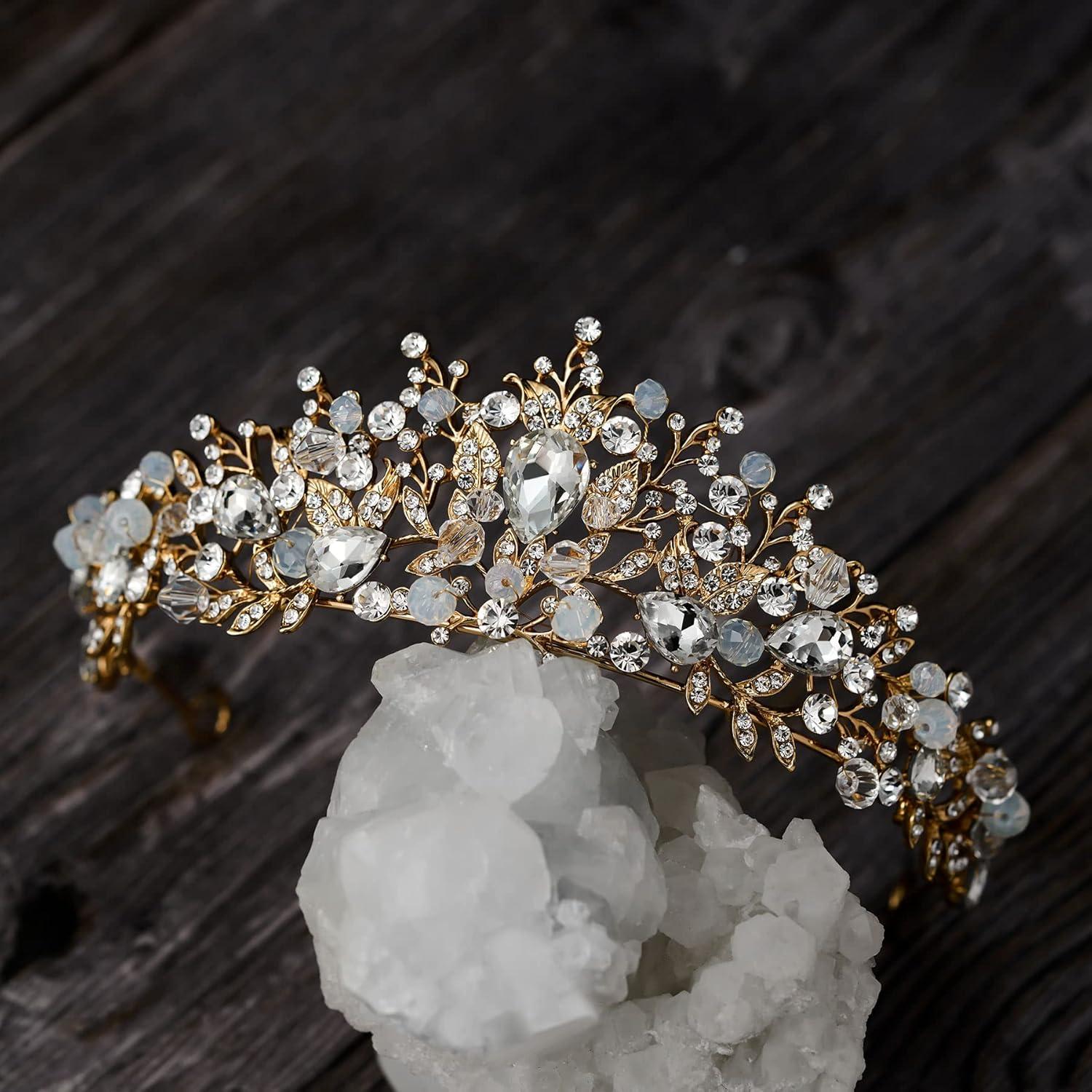 imageSWEETV Jeweled Wedding Tiaras and Crowns for Women Metal Princess Tiara Queen Crown for Bride Bridal Headpieces for Birthday Quinceanera Pageant PromGoldClear
