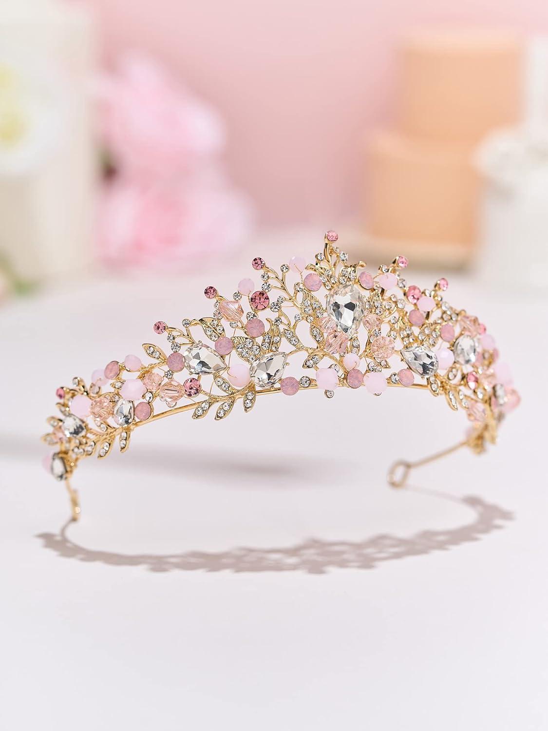 imageSWEETV Jeweled Wedding Tiaras and Crowns for Women Metal Princess Tiara Queen Crown for Bride Bridal Headpieces for Birthday Quinceanera Pageant PromGoldPink