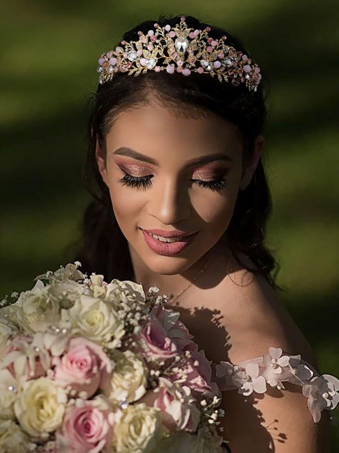 imageSWEETV Jeweled Wedding Tiaras and Crowns for Women Metal Princess Tiara Queen Crown for Bride Bridal Headpieces for Birthday Quinceanera Pageant PromGoldPink