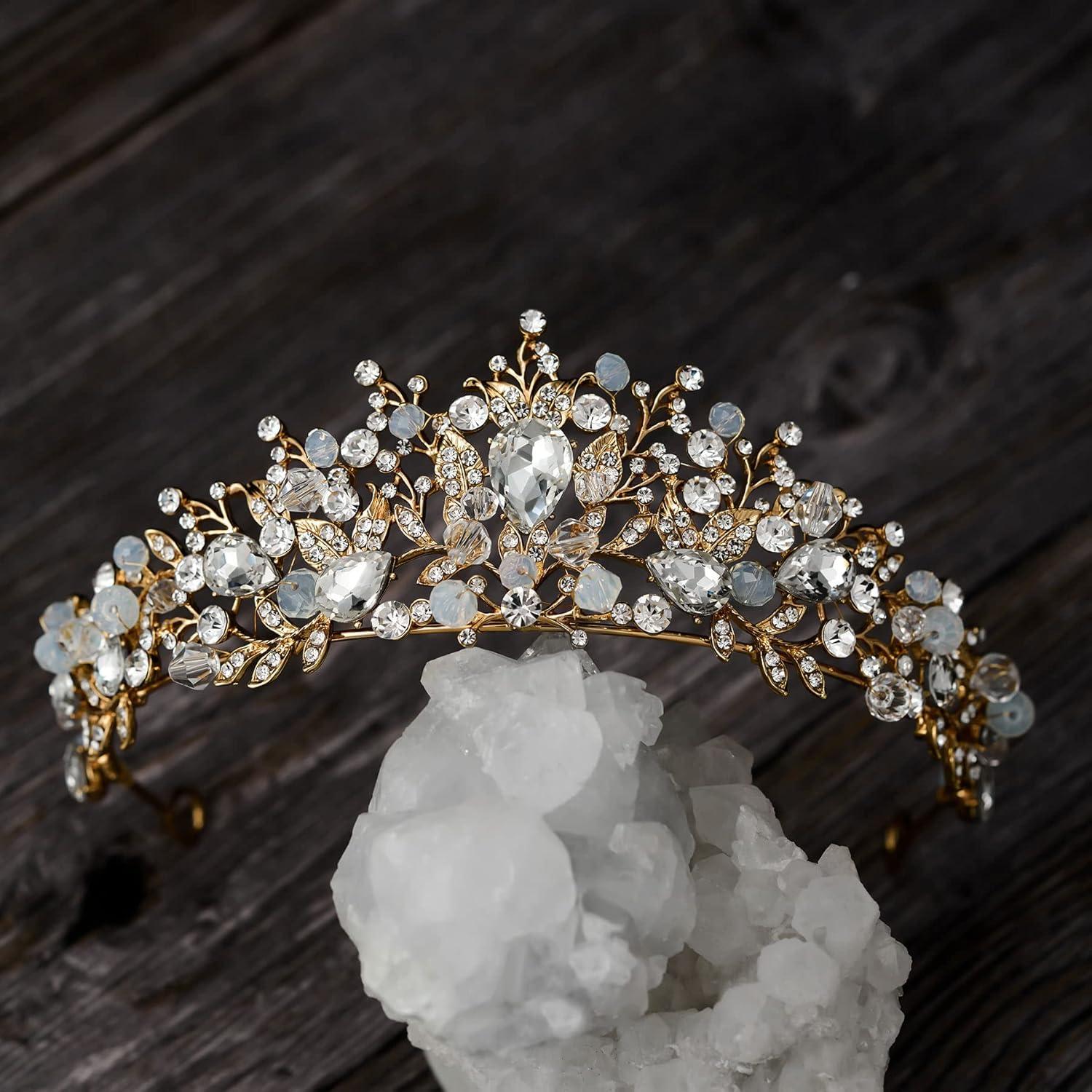 imageSWEETV Jeweled Wedding Tiaras and Crowns for Women Metal Princess Tiara Queen Crown for Bride Bridal Headpieces for Birthday Quinceanera Pageant PromGoldClear