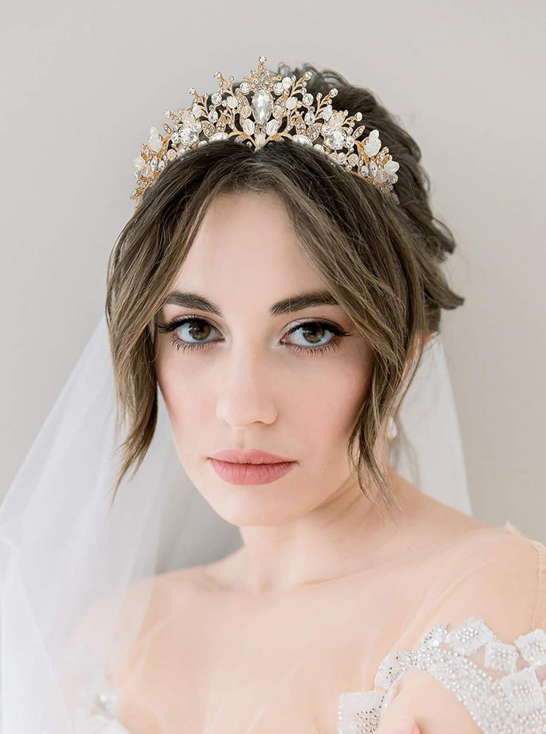 imageSWEETV Jeweled Wedding Tiaras and Crowns for Women Metal Princess Tiara Queen Crown for Bride Bridal Headpieces for Birthday Quinceanera Pageant PromGoldClear