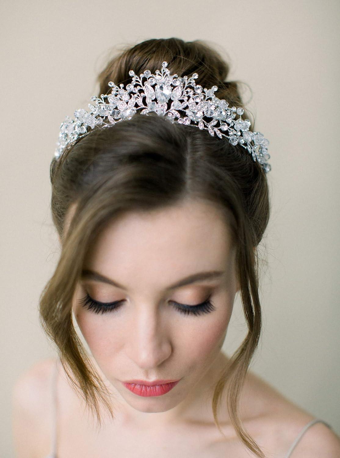 imageSWEETV Jeweled Wedding Tiaras and Crowns for Women Metal Princess Tiara Queen Crown for Bride Bridal Headpieces for Birthday Quinceanera Pageant PromSilverClear