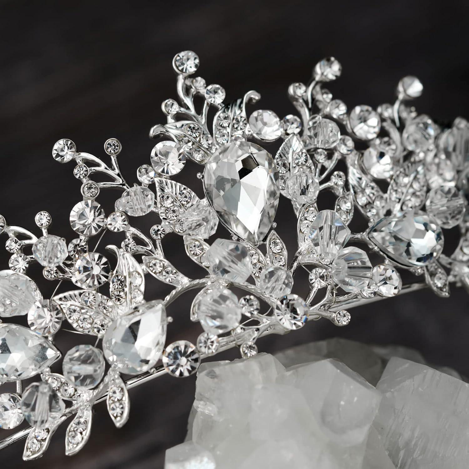 imageSWEETV Jeweled Wedding Tiaras and Crowns for Women Metal Princess Tiara Queen Crown for Bride Bridal Headpieces for Birthday Quinceanera Pageant PromSilverClear