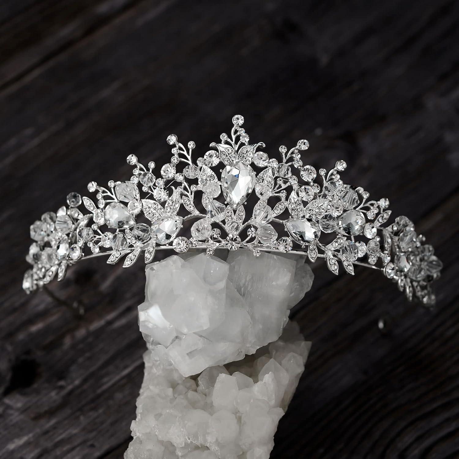 imageSWEETV Jeweled Wedding Tiaras and Crowns for Women Metal Princess Tiara Queen Crown for Bride Bridal Headpieces for Birthday Quinceanera Pageant PromSilverClear