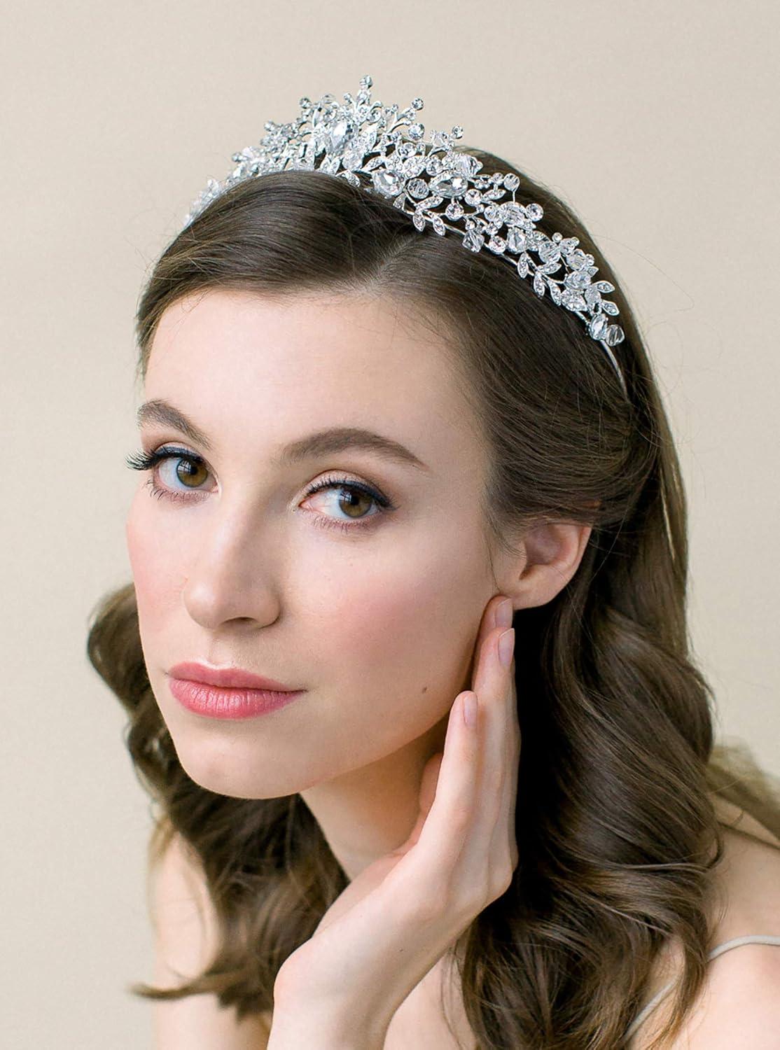 imageSWEETV Jeweled Wedding Tiaras and Crowns for Women Metal Princess Tiara Queen Crown for Bride Bridal Headpieces for Birthday Quinceanera Pageant PromSilverClear