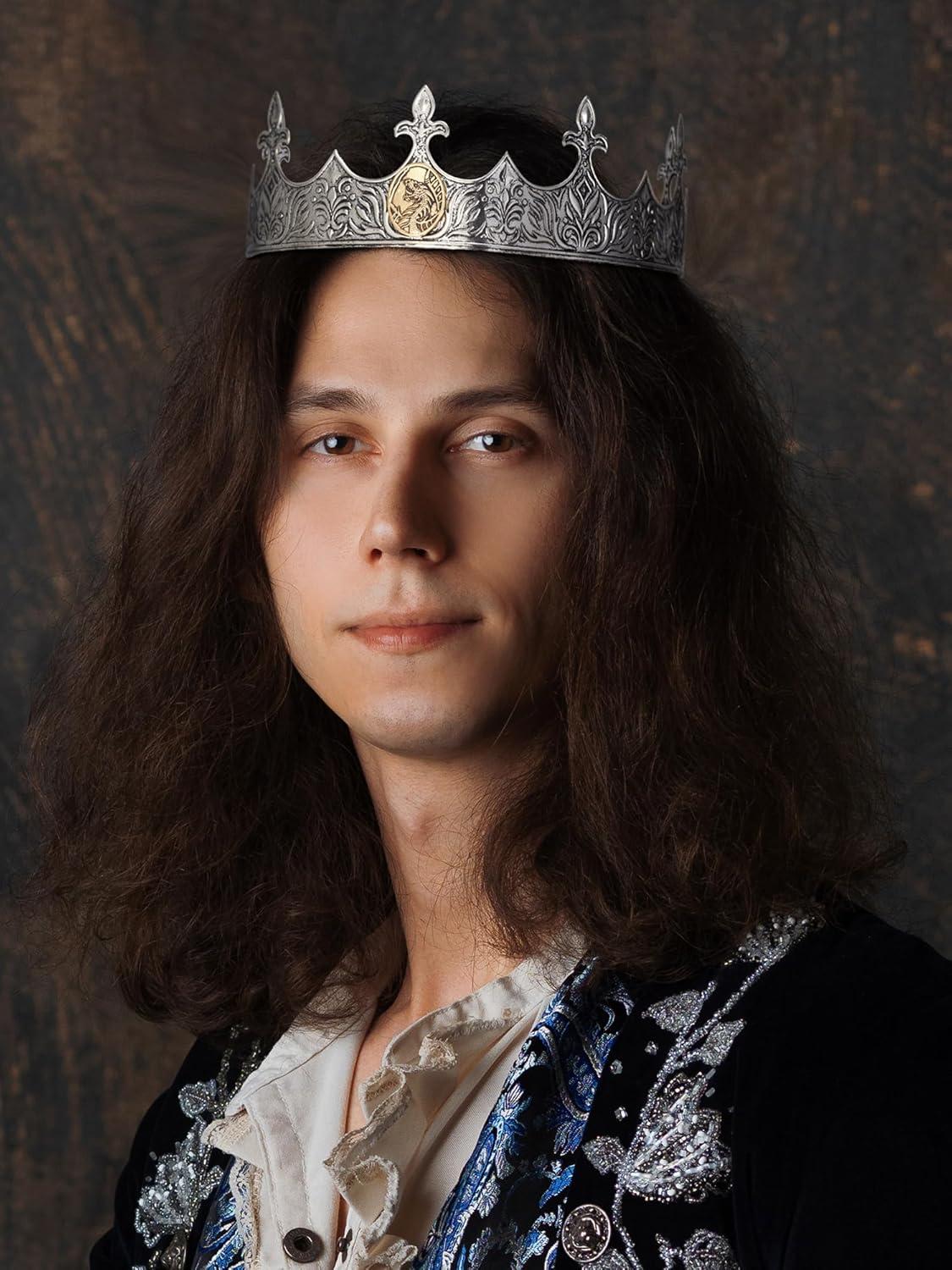 imageSWEETV King Crown for Men Crown for Male Antique Silver Mens Tiara Prince Diadem Royal Medieval Costume Hair Accessories for Cosplay Birthday Knight HalloweenDragon
