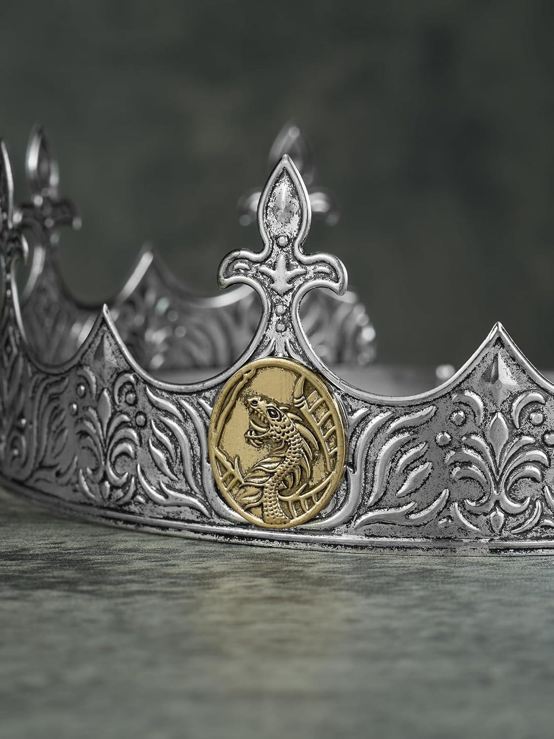 imageSWEETV King Crown for Men Crown for Male Antique Silver Mens Tiara Prince Diadem Royal Medieval Costume Hair Accessories for Cosplay Birthday Knight HalloweenDragon