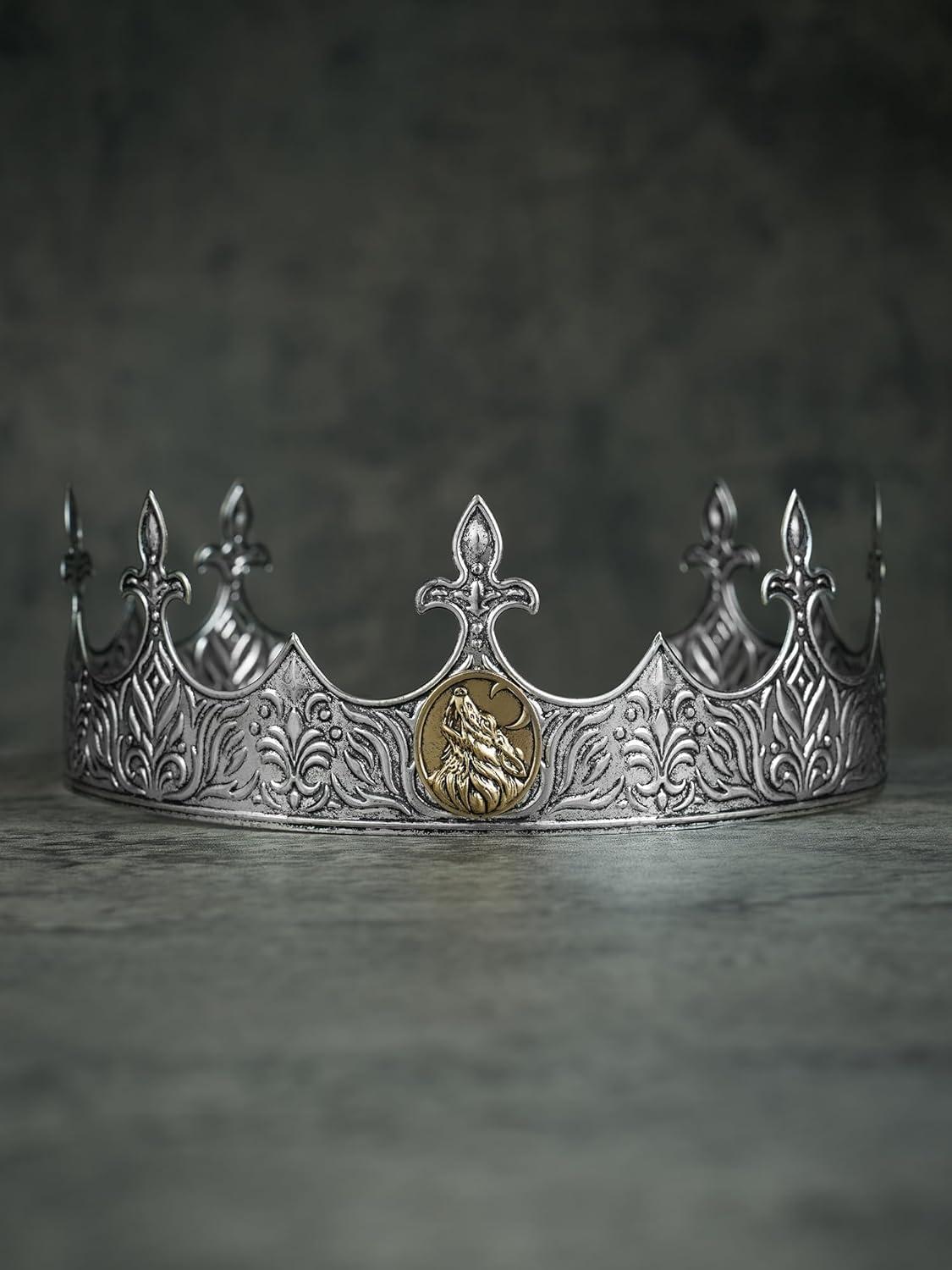 imageSWEETV King Crown for Men Crown for Male Antique Silver Mens Tiara Prince Diadem Royal Medieval Costume Hair Accessories for Cosplay Birthday Knight HalloweenWolf