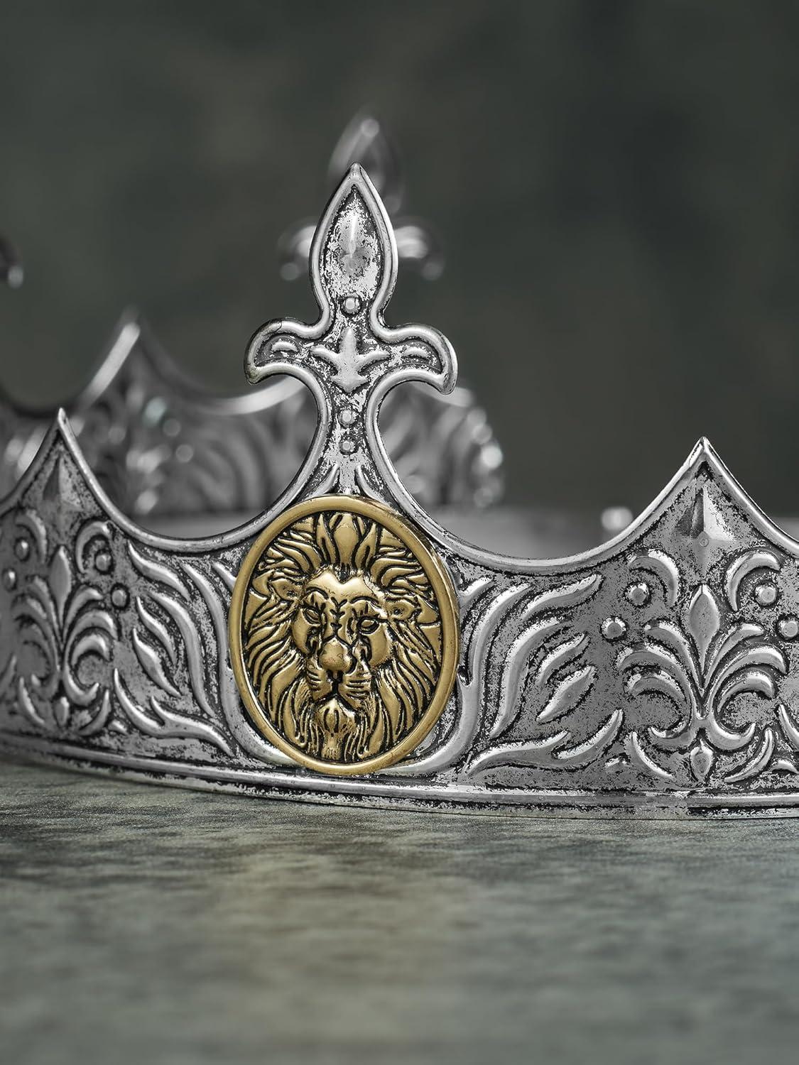 imageSWEETV King Crown for Men Crown for Male Antique Silver Mens Tiara Prince Diadem Royal Medieval Costume Hair Accessories for Cosplay Birthday Knight HalloweenLion