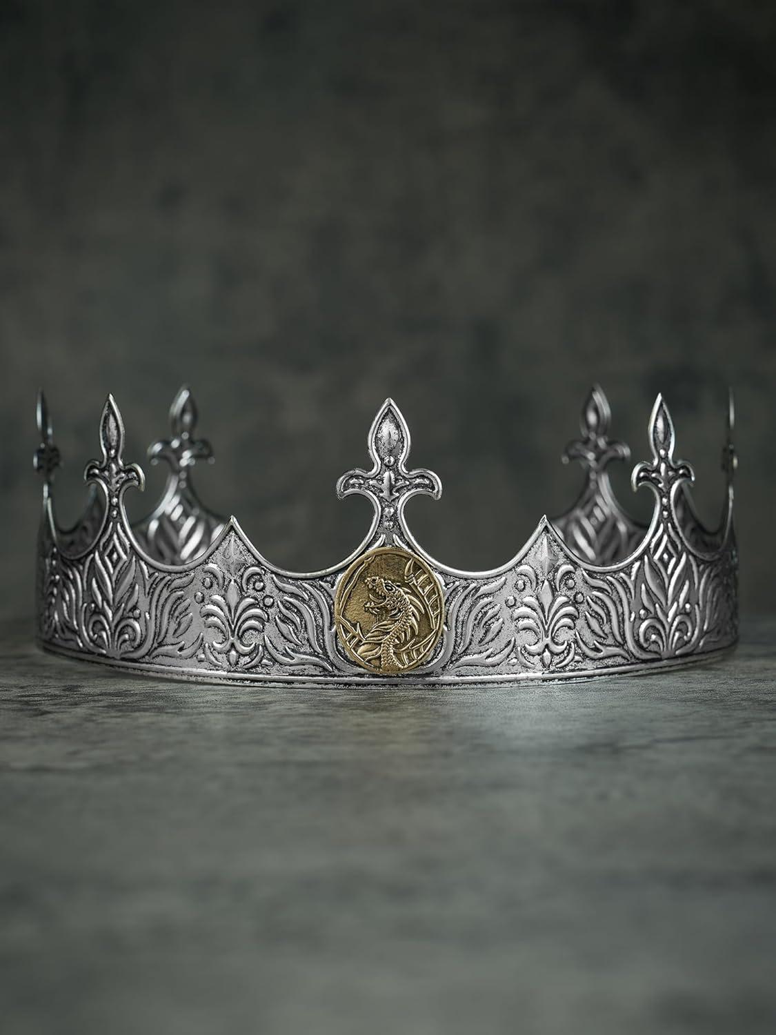 imageSWEETV King Crown for Men Crown for Male Antique Silver Mens Tiara Prince Diadem Royal Medieval Costume Hair Accessories for Cosplay Birthday Knight HalloweenDragon