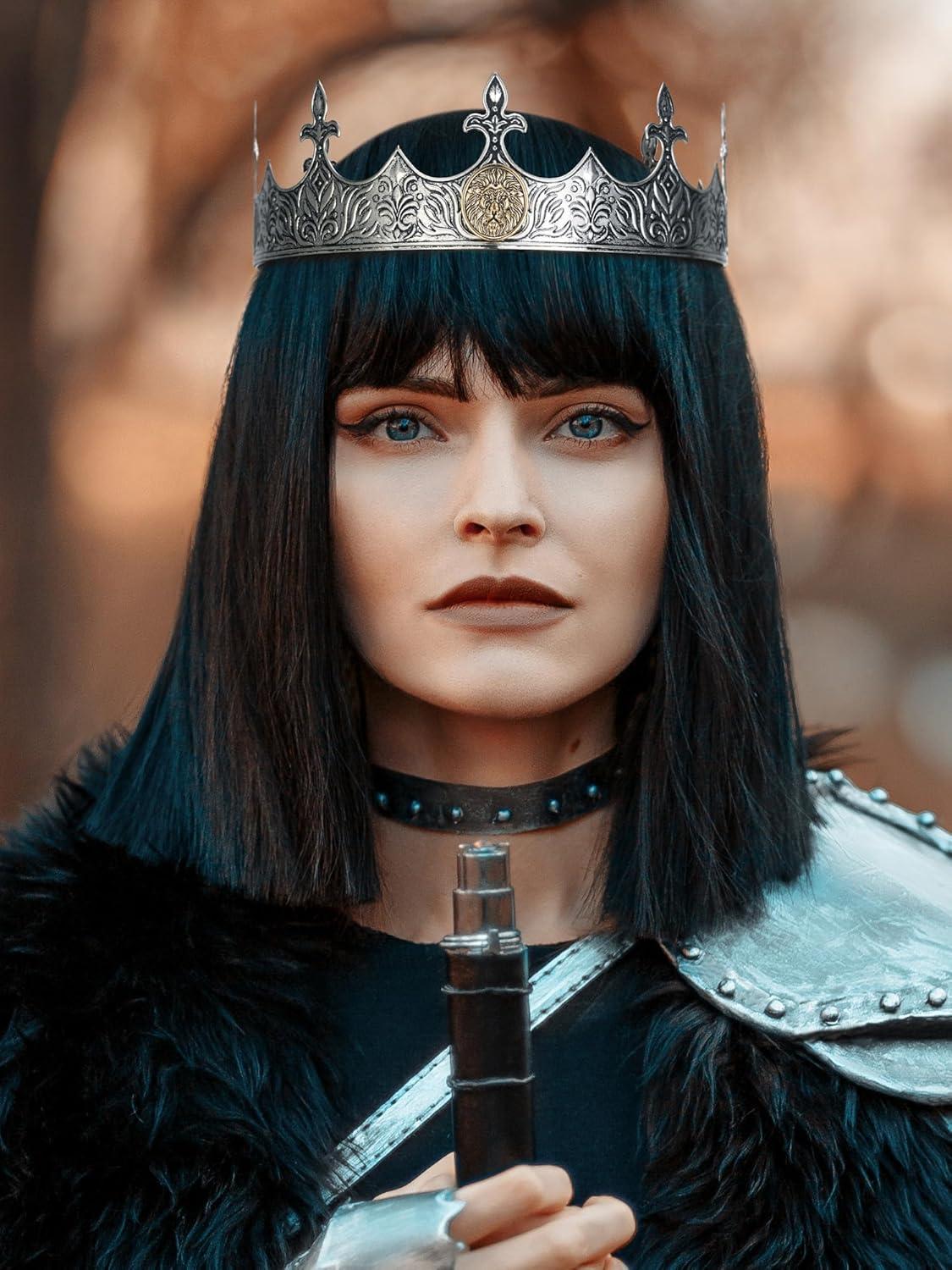 imageSWEETV King Crown for Men Crown for Male Antique Silver Mens Tiara Prince Diadem Royal Medieval Costume Hair Accessories for Cosplay Birthday Knight HalloweenLion