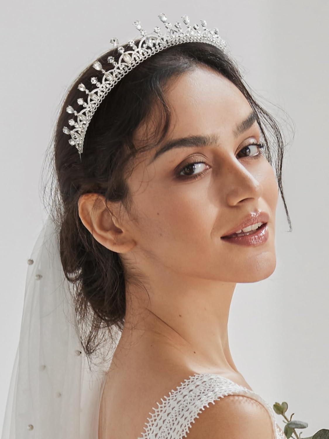 imageSWEETV Princess Tiara for Women Crystal Wedding Tiaras for Bride Silver Crown for Birthday Quinceanera Pageant Party PromCostume Hair Accessories Gift01 Silver