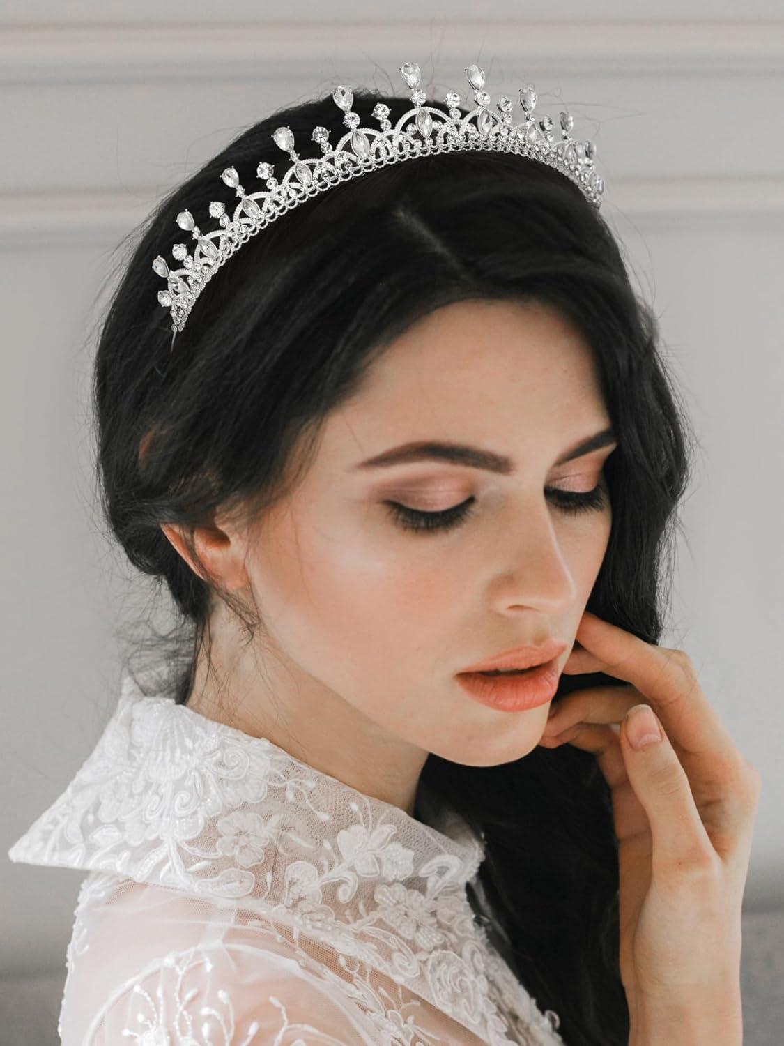 imageSWEETV Princess Tiara for Women Crystal Wedding Tiaras for Bride Silver Crown for Birthday Quinceanera Pageant Party PromCostume Hair Accessories Gift01 Silver