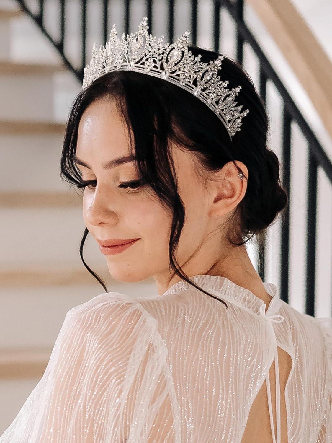 imageSWEETV Princess Tiara for Women Crystal Wedding Tiaras for Bride Silver Crown for Birthday Quinceanera Pageant Party PromCostume Hair Accessories Gift08Silver