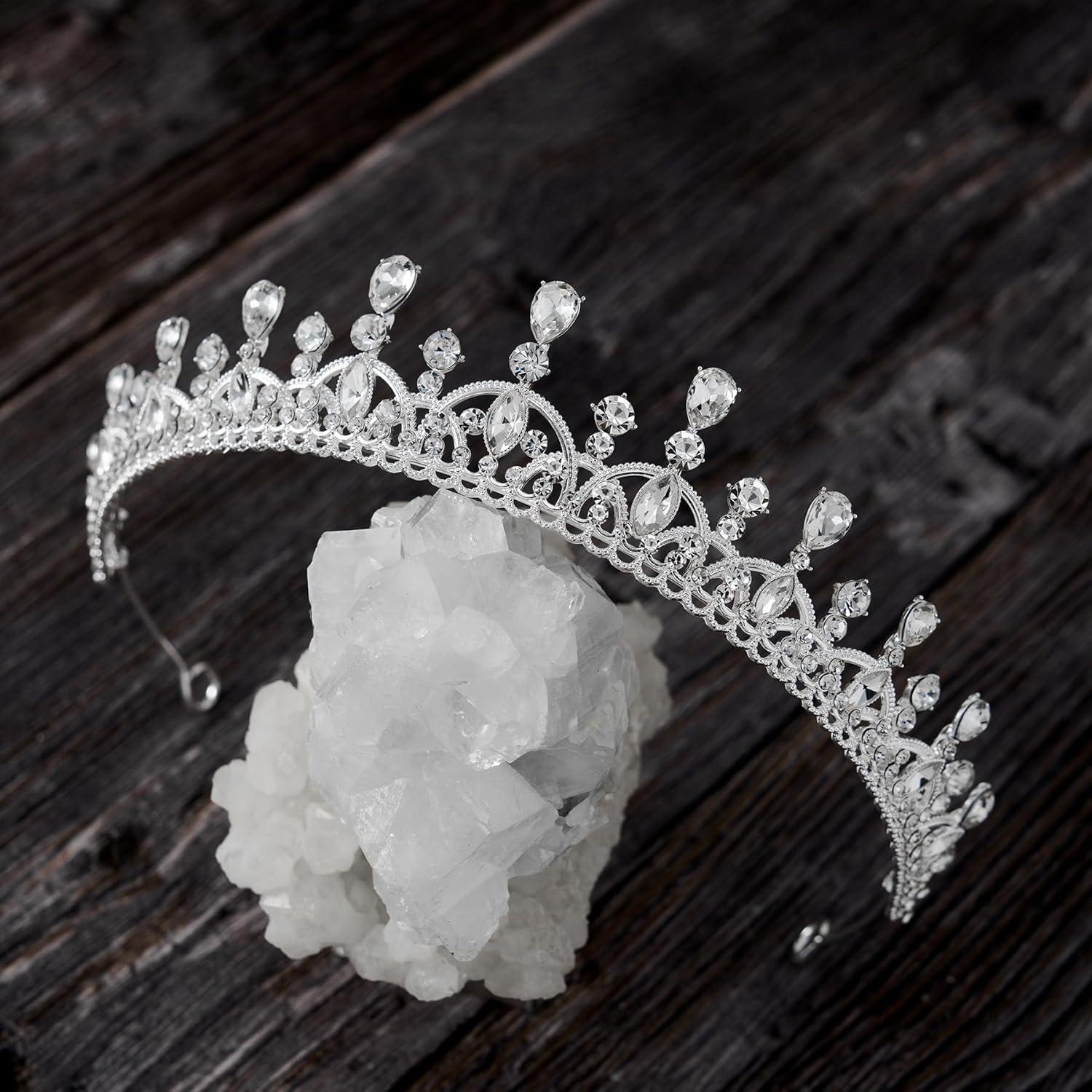 imageSWEETV Princess Tiara for Women Crystal Wedding Tiaras for Bride Silver Crown for Birthday Quinceanera Pageant Party PromCostume Hair Accessories Gift01 Silver