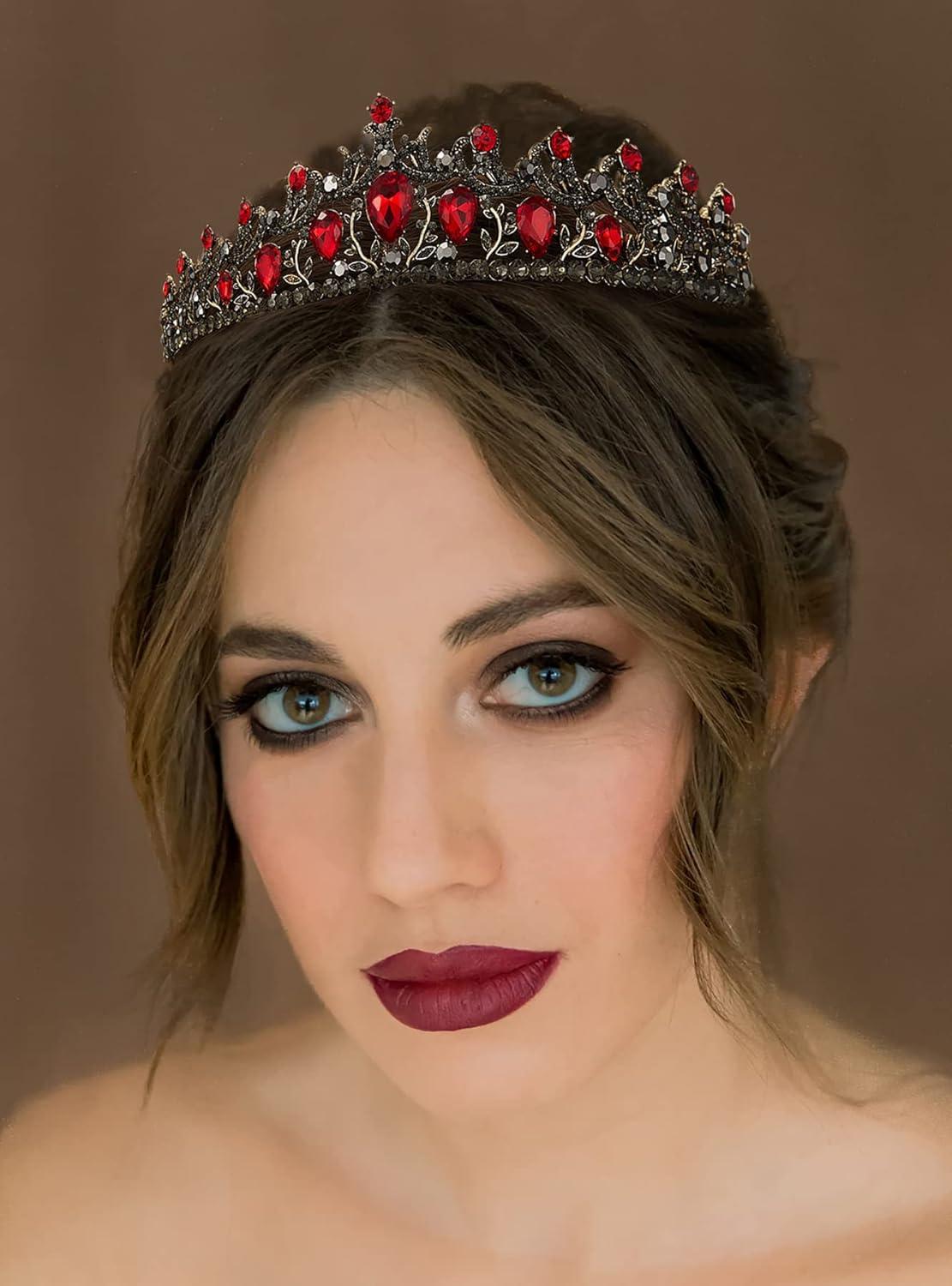 imageSWEETV Red Tiaras and Crowns for Women Wedding Tiara for Bride Crystal Princess Crown Birthday Headpiece Old Gold Prom Party Celebration Costume Hair AccessoriesLia