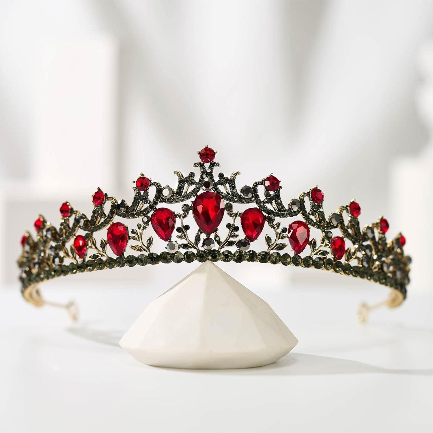 imageSWEETV Red Tiaras and Crowns for Women Wedding Tiara for Bride Crystal Princess Crown Birthday Headpiece Old Gold Prom Party Celebration Costume Hair AccessoriesLia