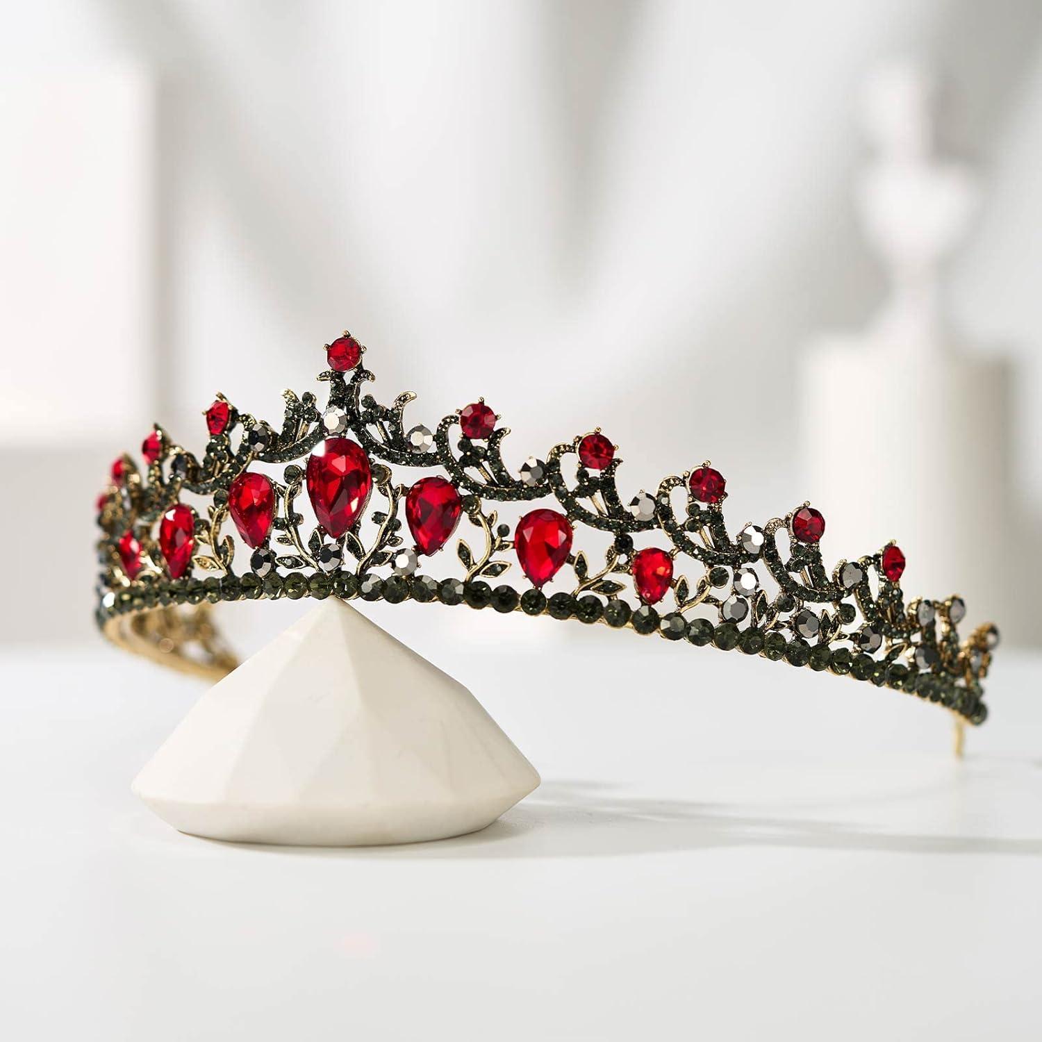 imageSWEETV Red Tiaras and Crowns for Women Wedding Tiara for Bride Crystal Princess Crown Birthday Headpiece Old Gold Prom Party Celebration Costume Hair AccessoriesLia