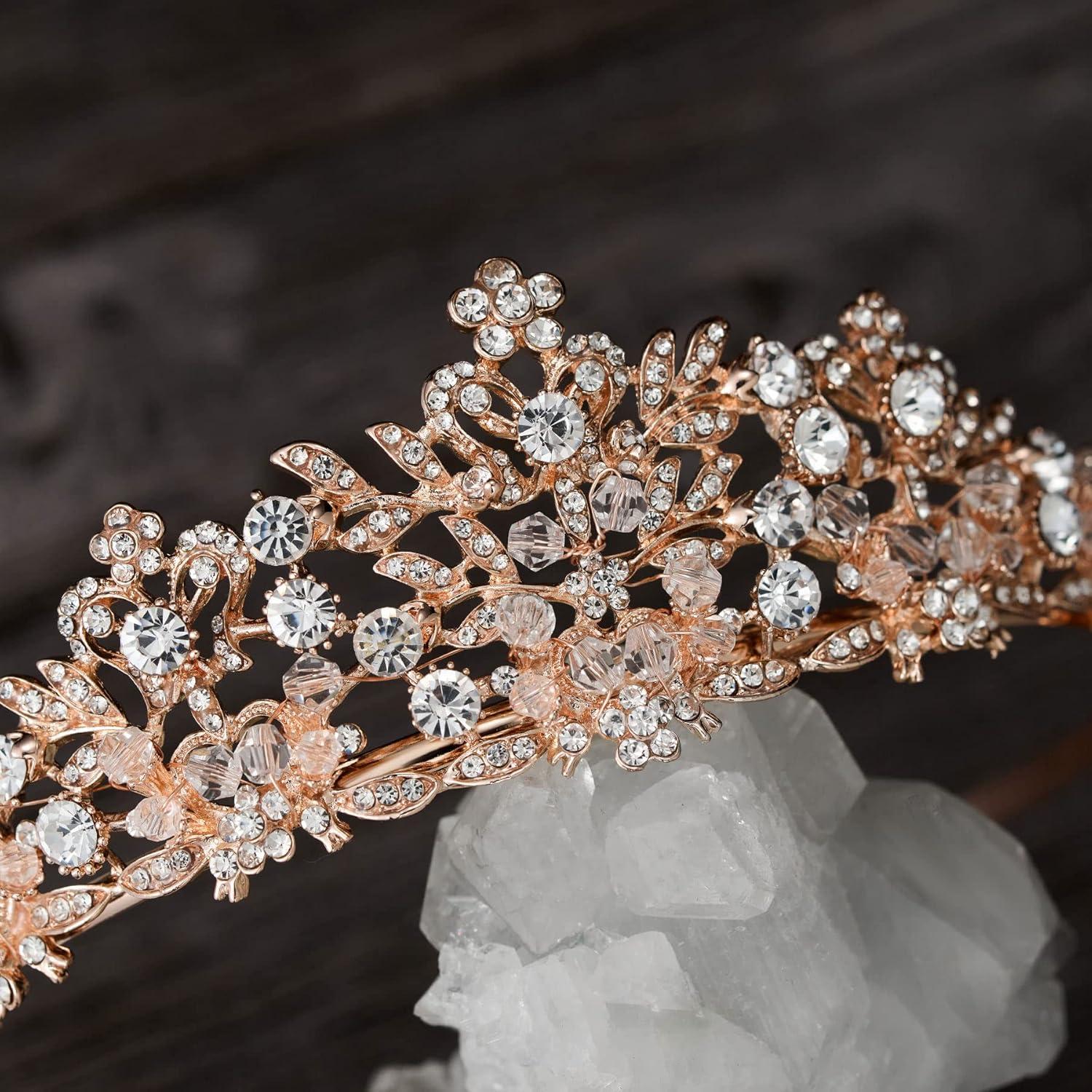 imageSWEETV Rose Gold Wedding Tiara for Women and Girls  Pageant Tiara Headband Rhinestone Bridal Crown for BridesRose Gold