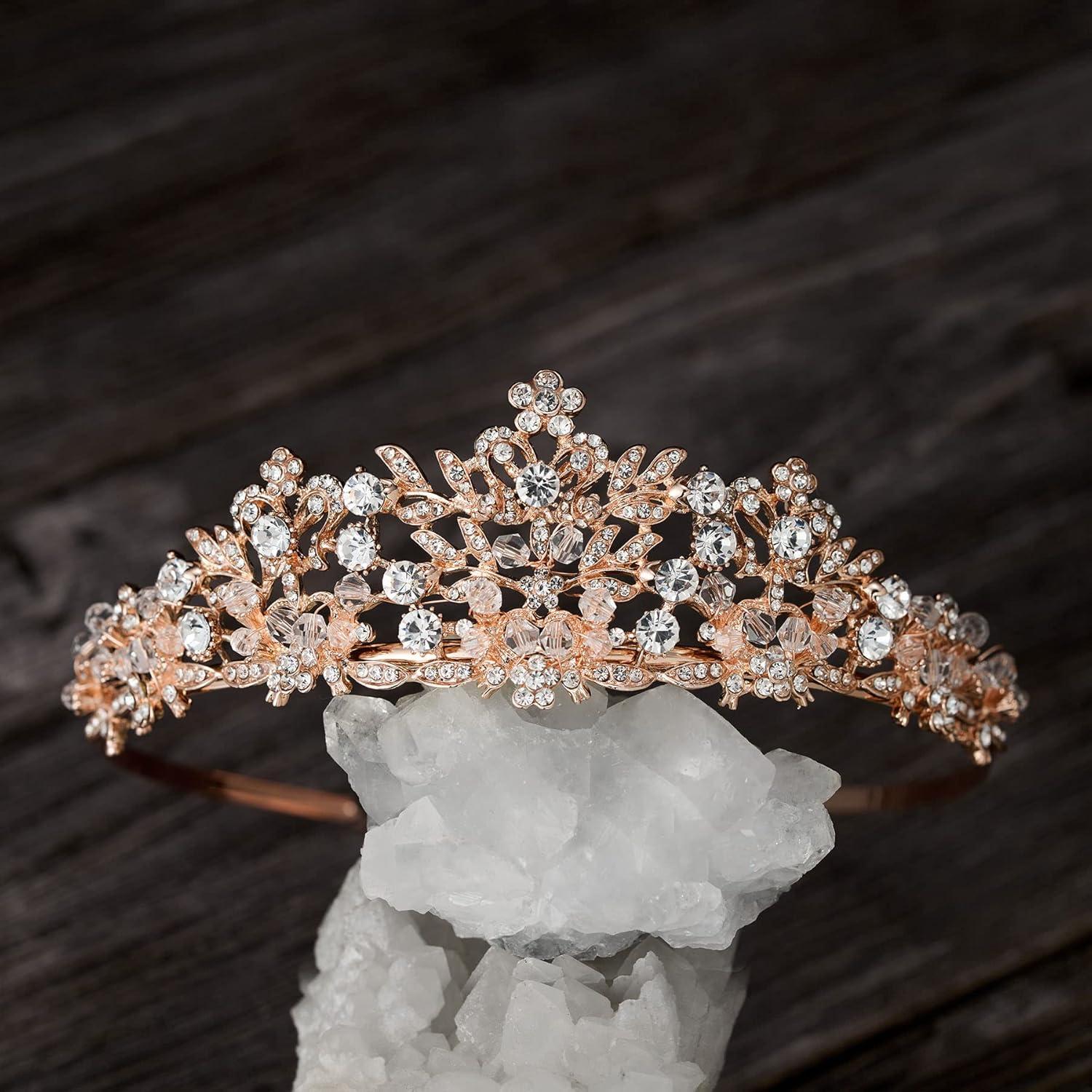 imageSWEETV Rose Gold Wedding Tiara for Women and Girls  Pageant Tiara Headband Rhinestone Bridal Crown for BridesRose Gold