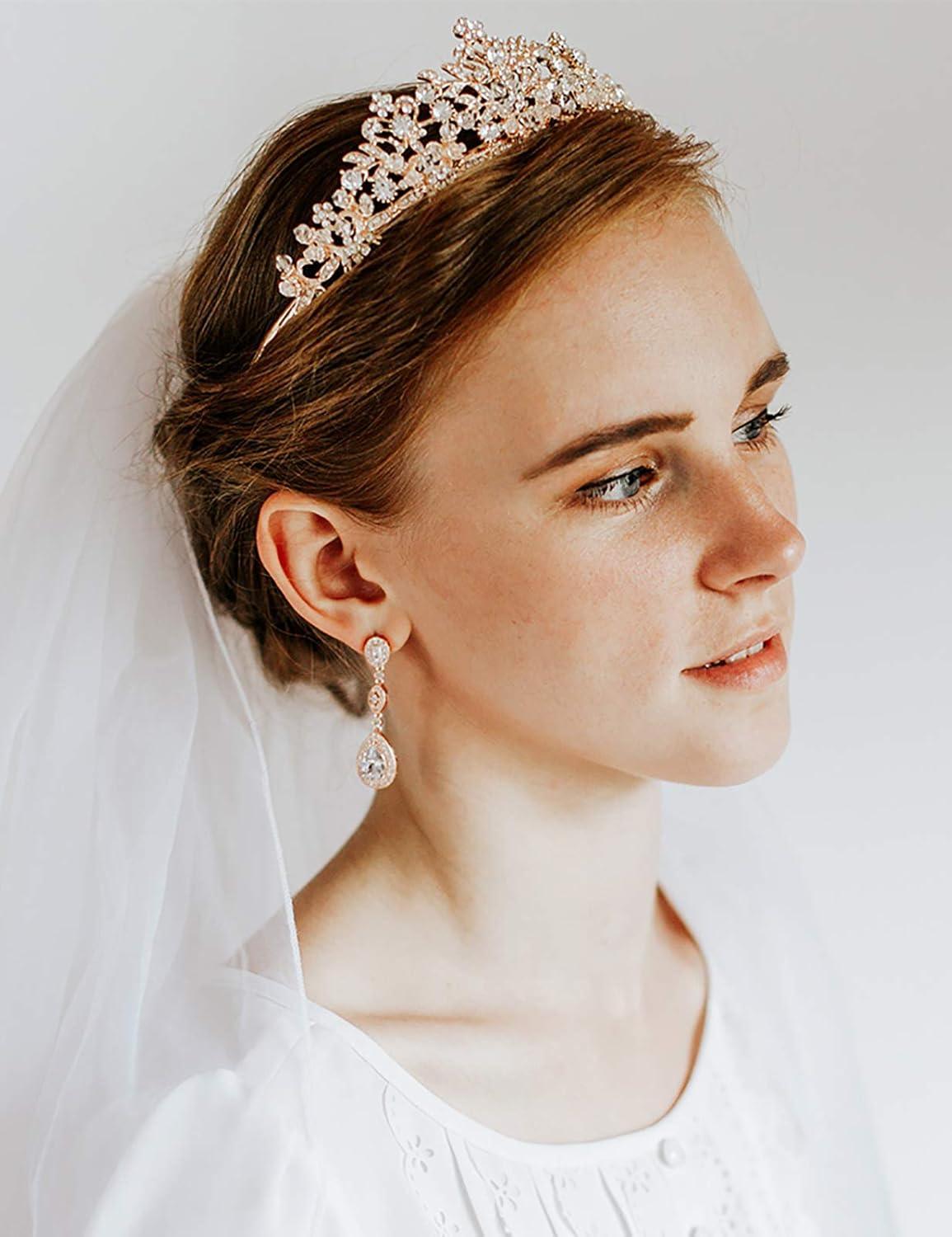 imageSWEETV Rose Gold Wedding Tiara for Women and Girls  Pageant Tiara Headband Rhinestone Bridal Crown for BridesRose Gold