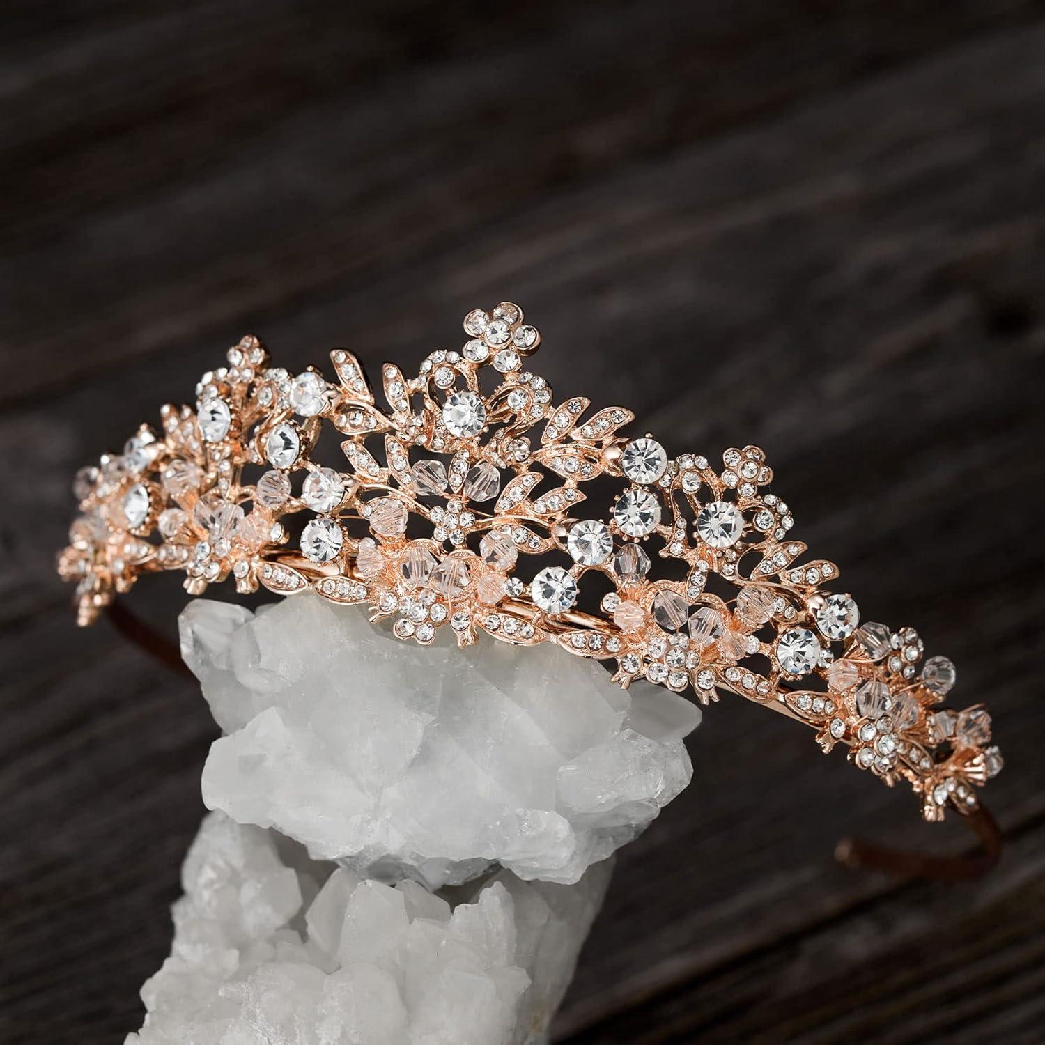 imageSWEETV Rose Gold Wedding Tiara for Women and Girls  Pageant Tiara Headband Rhinestone Bridal Crown for BridesRose Gold