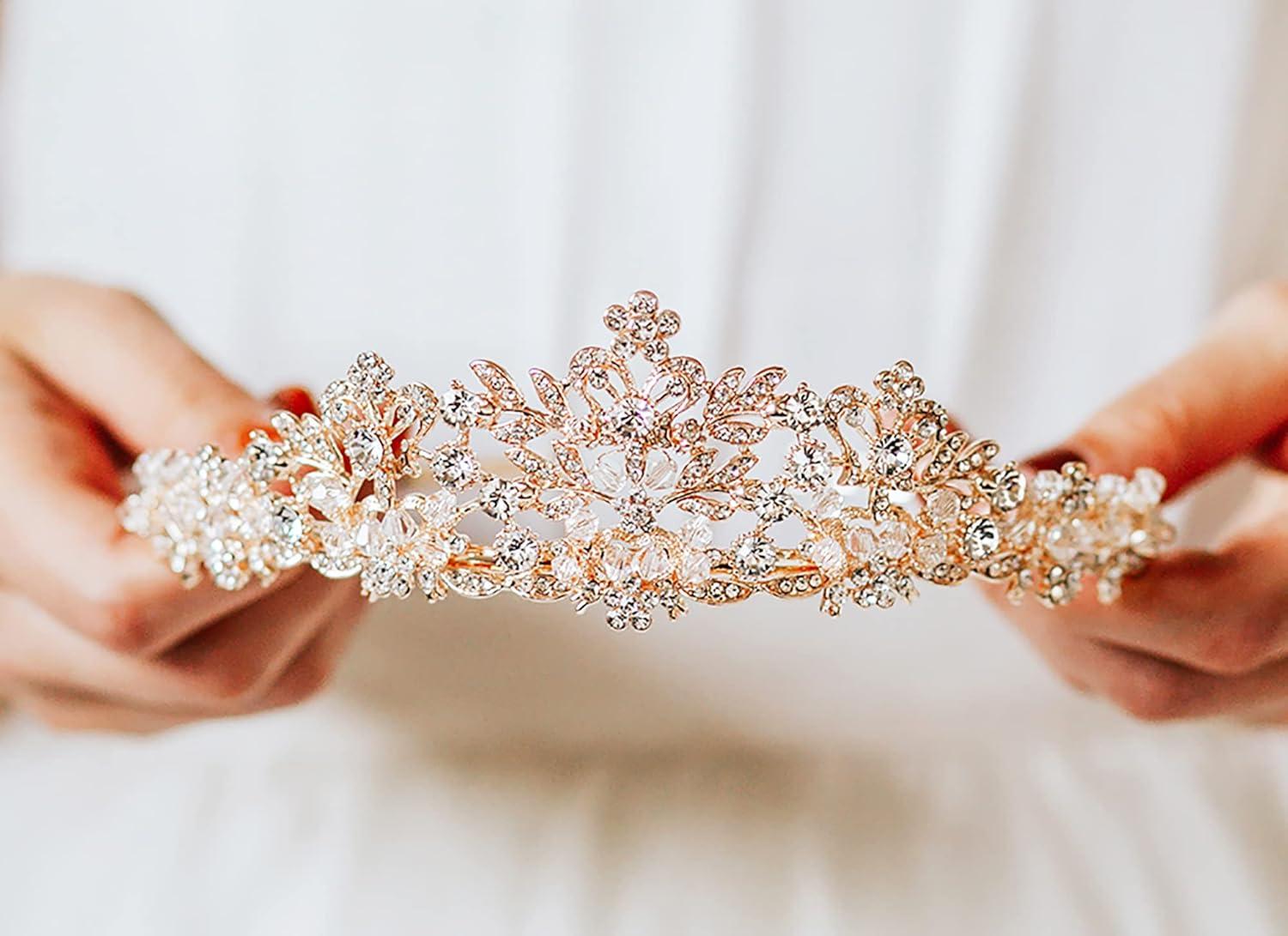 imageSWEETV Rose Gold Wedding Tiara for Women and Girls  Pageant Tiara Headband Rhinestone Bridal Crown for BridesRose Gold