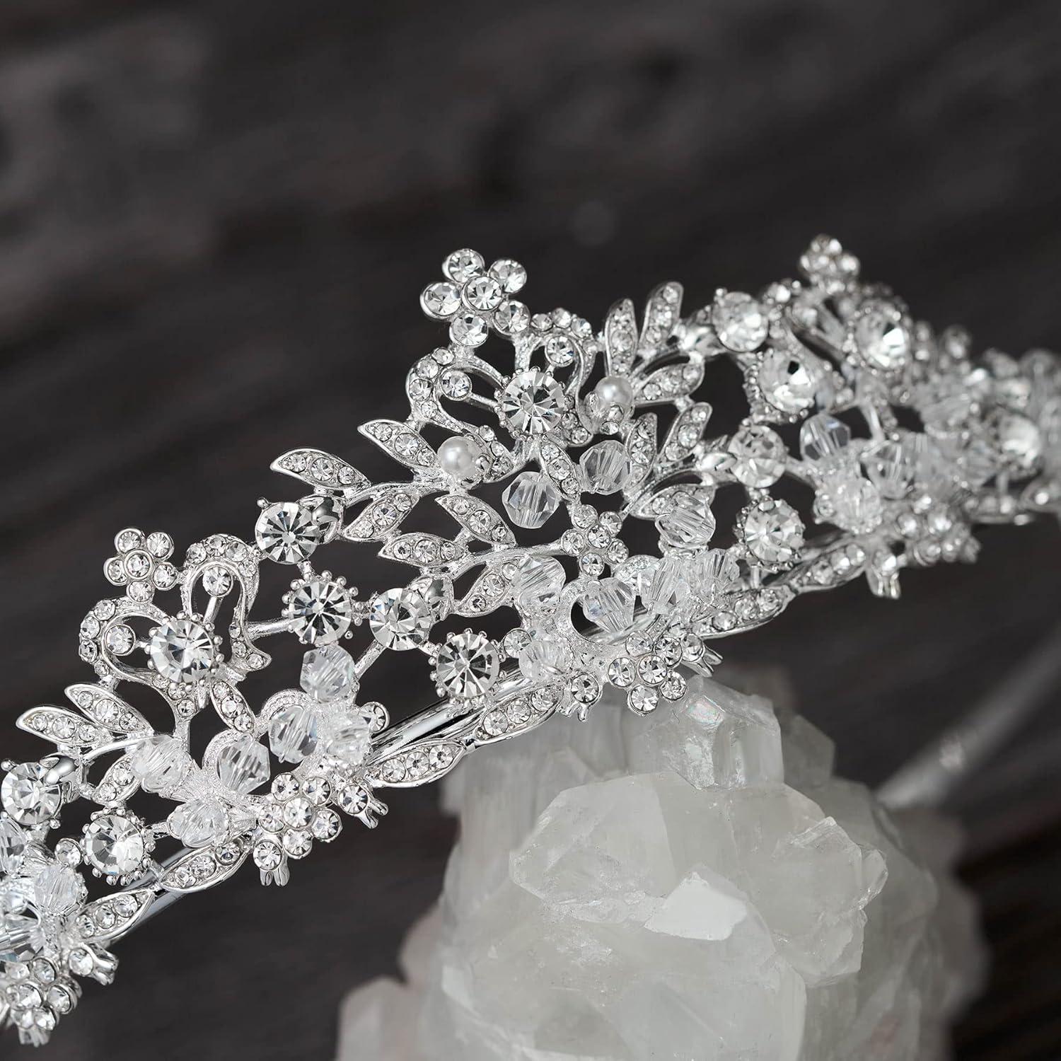 imageSWEETV Rose Gold Wedding Tiara for Women and Girls  Pageant Tiara Headband Rhinestone Bridal Crown for BridesSilver