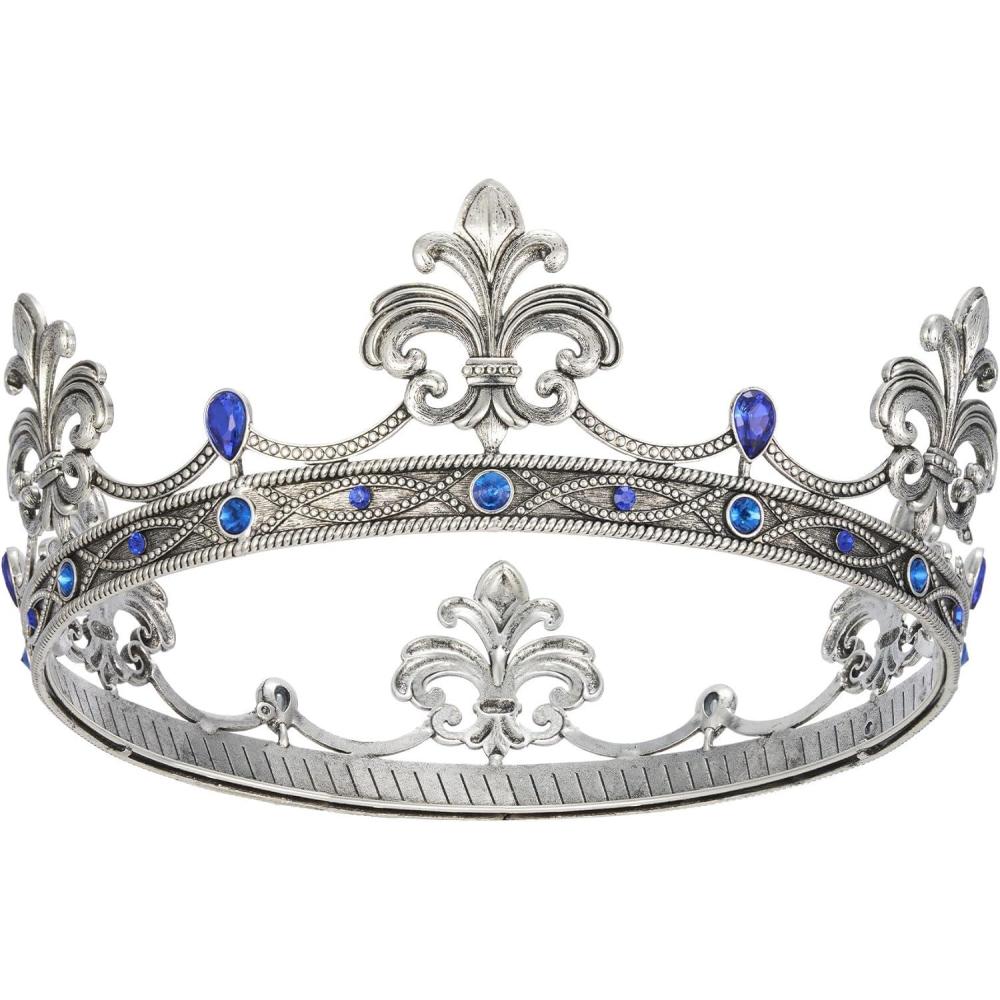 imageSWEETV Fleurdelis King Crown for Men Royal Prince Tiara Headwear for Medieval RoyalcoreKnightVikingHalloween CostumeAntique Silver Blue