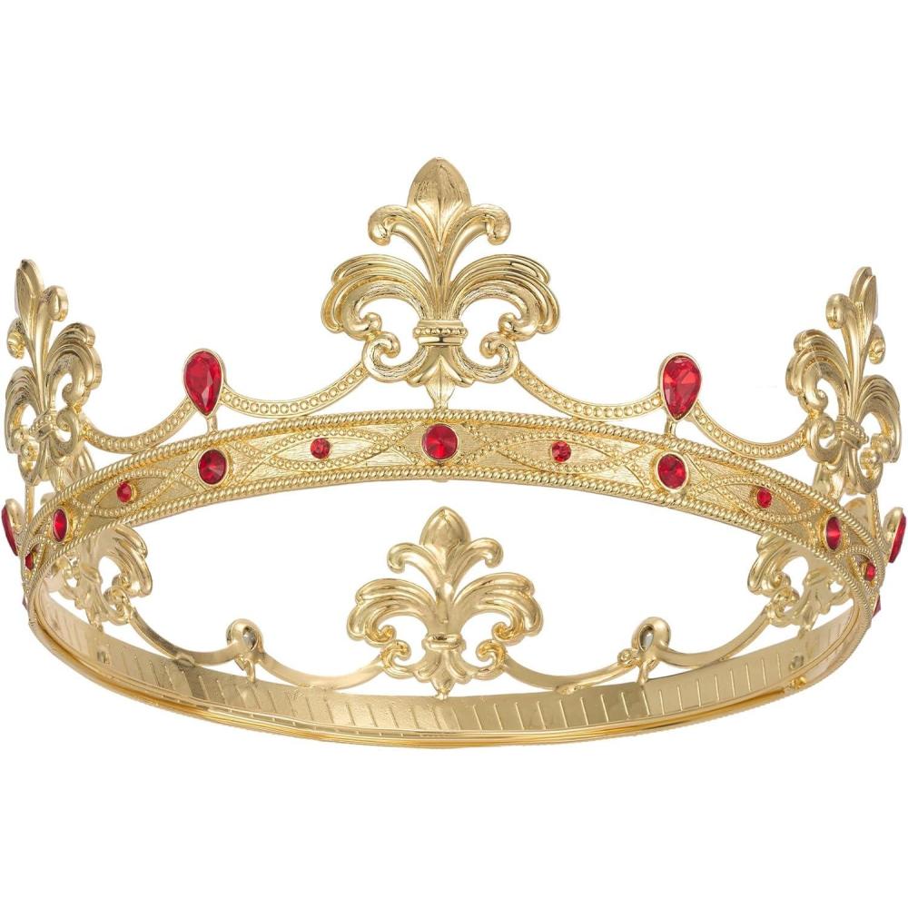 imageSWEETV Fleurdelis King Crown for Men Royal Prince Tiara Headwear for Medieval RoyalcoreKnightVikingHalloween CostumeStyle1 Goldred