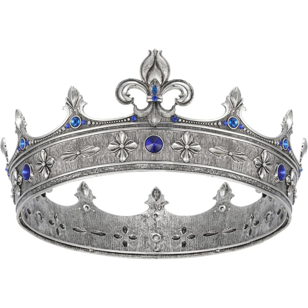 imageSWEETV Fleurdelis King Crown for Men Royal Prince Tiara Headwear for Medieval RoyalcoreKnightVikingHalloween CostumeStyle2 Silverblue